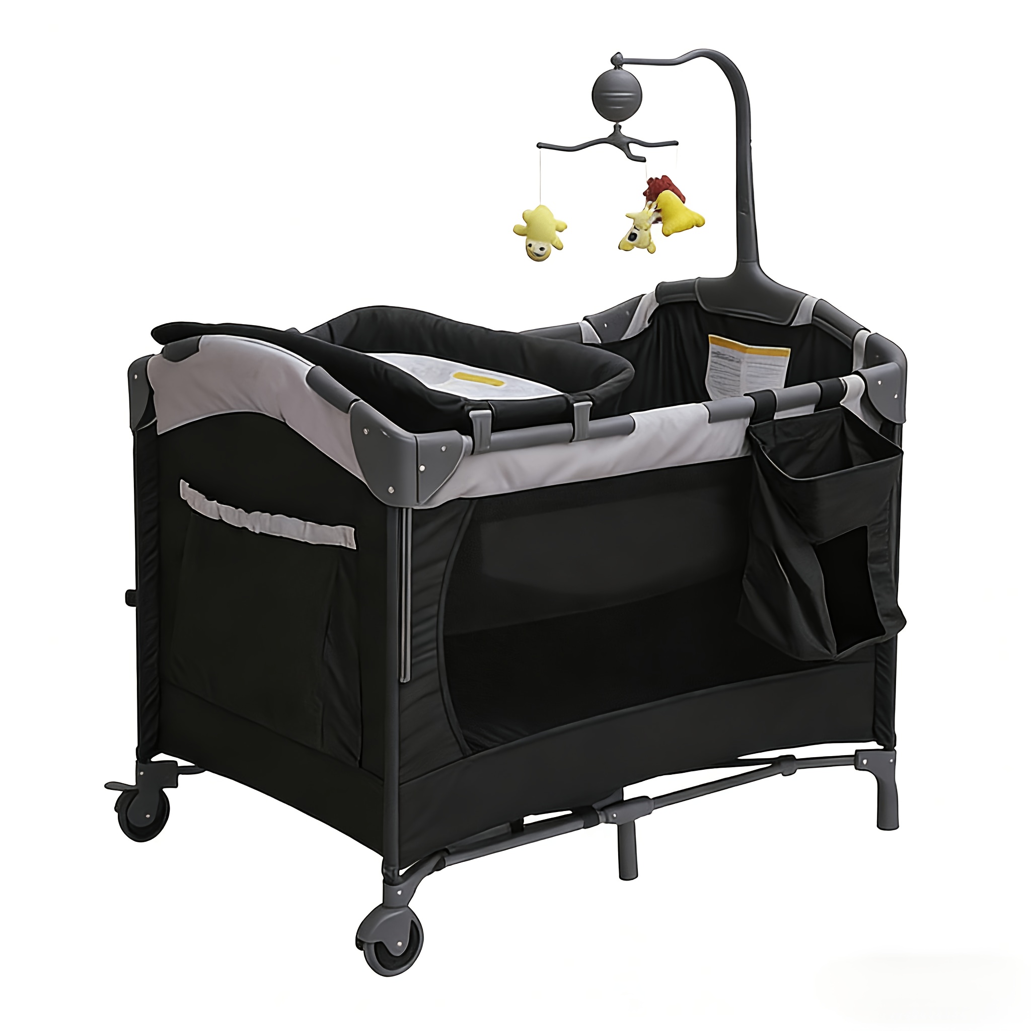 Multifunctional Foldable Baby Crib with Wheels, Movable and Connectable to a Large Bed, Equipped with Storage Bag and Bed Bell, Breathable Mesh Design, Suitable for Both Baby Sleeping and Play, Suitable for Newborns to Toddlers