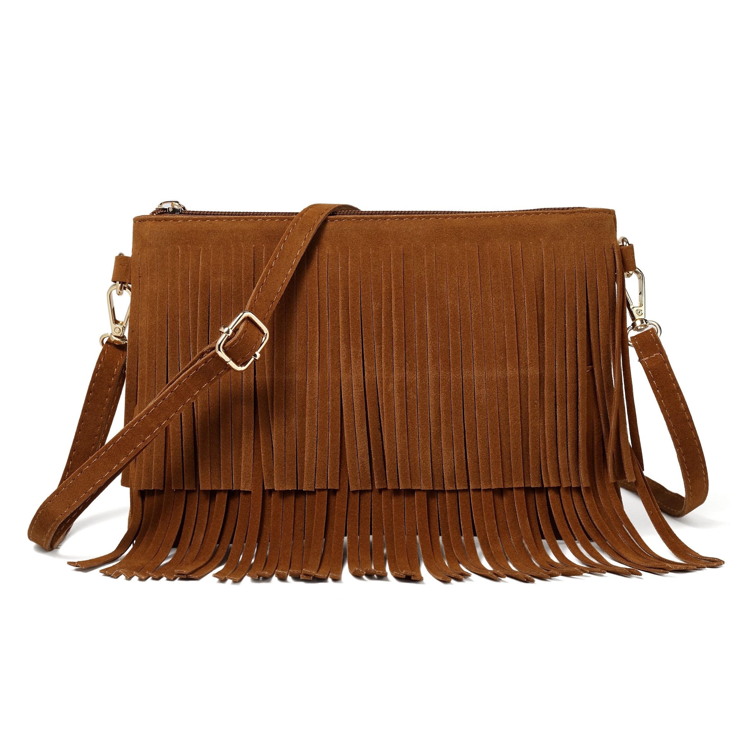 

Vintage Tassel Crossbody Bag For Women, Brown Pu Leather, Zipper Closure With Fixed Shoulder Strap, Polyester Lined - Guangzhou