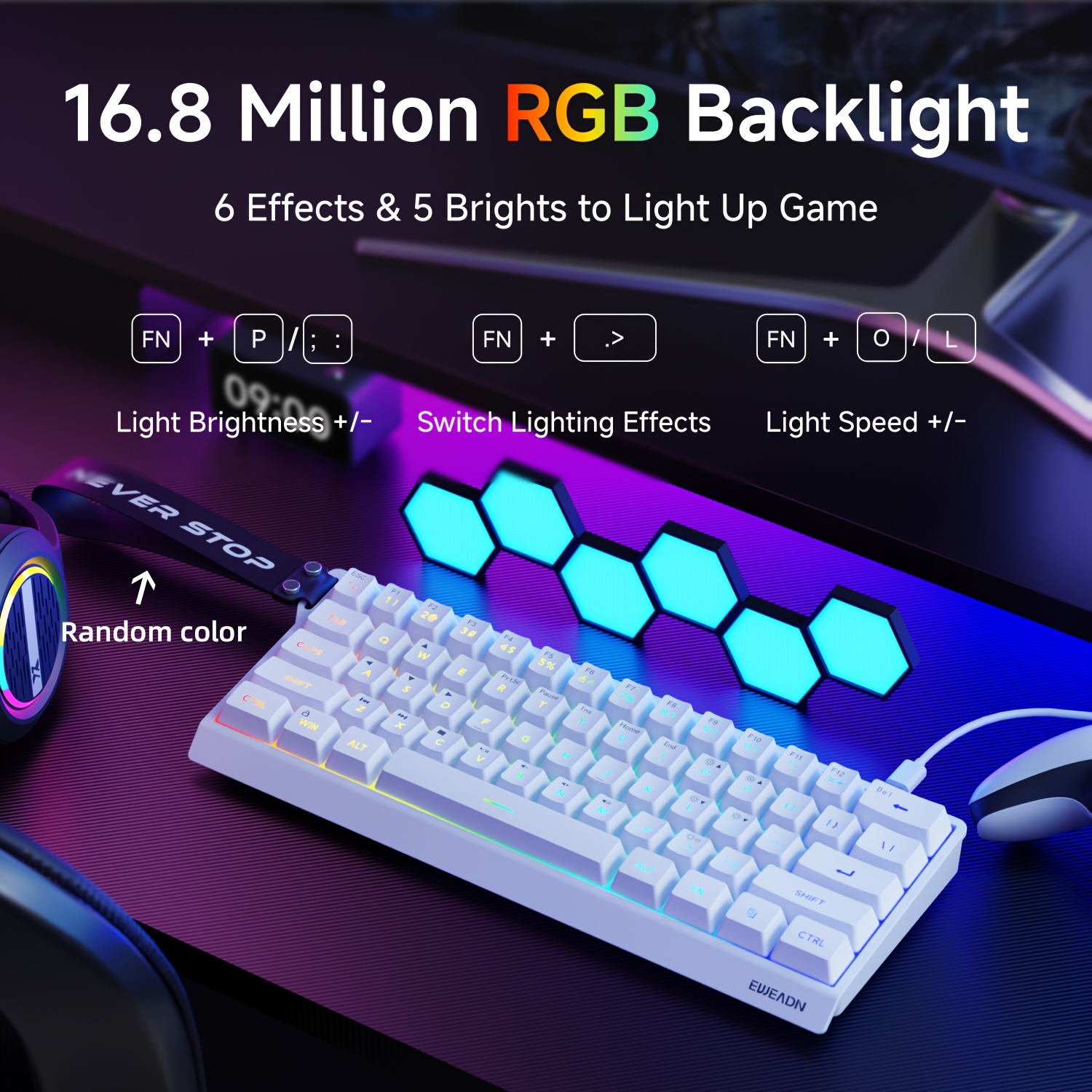 Eweadn Wired Silent Rgb Backlit Keyboard, 61-key Mini Layout, White And , Type-, Compact And Stylish, Compatible With Laptop/desktop, Perfect For Gaming And Office Use