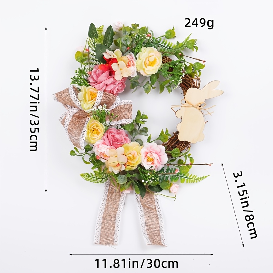 Easter Bunny Wreath With Pastel Flowers & Greenery - Rustic Artificial Plant For Door Hanging, Party Decoration, And Home Festive Accent, Rabbit Decor
