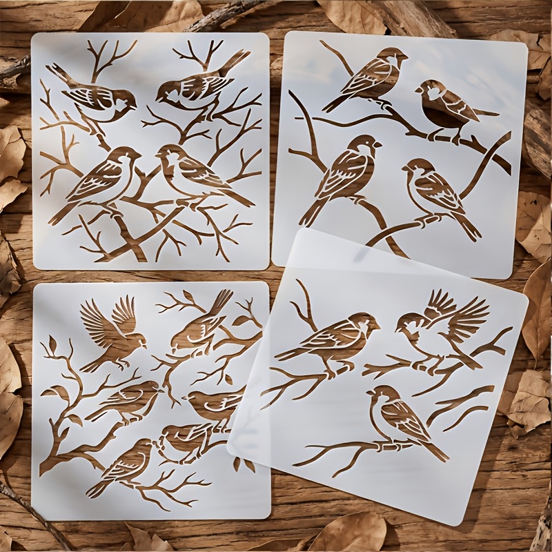TEMU 4pcs Branch Head Bird Hollow Templates - Reusable Plastic Material, Suitable For Handicrafts, Wall Decor, Fabrics, Scrapbooks, With Branch And
