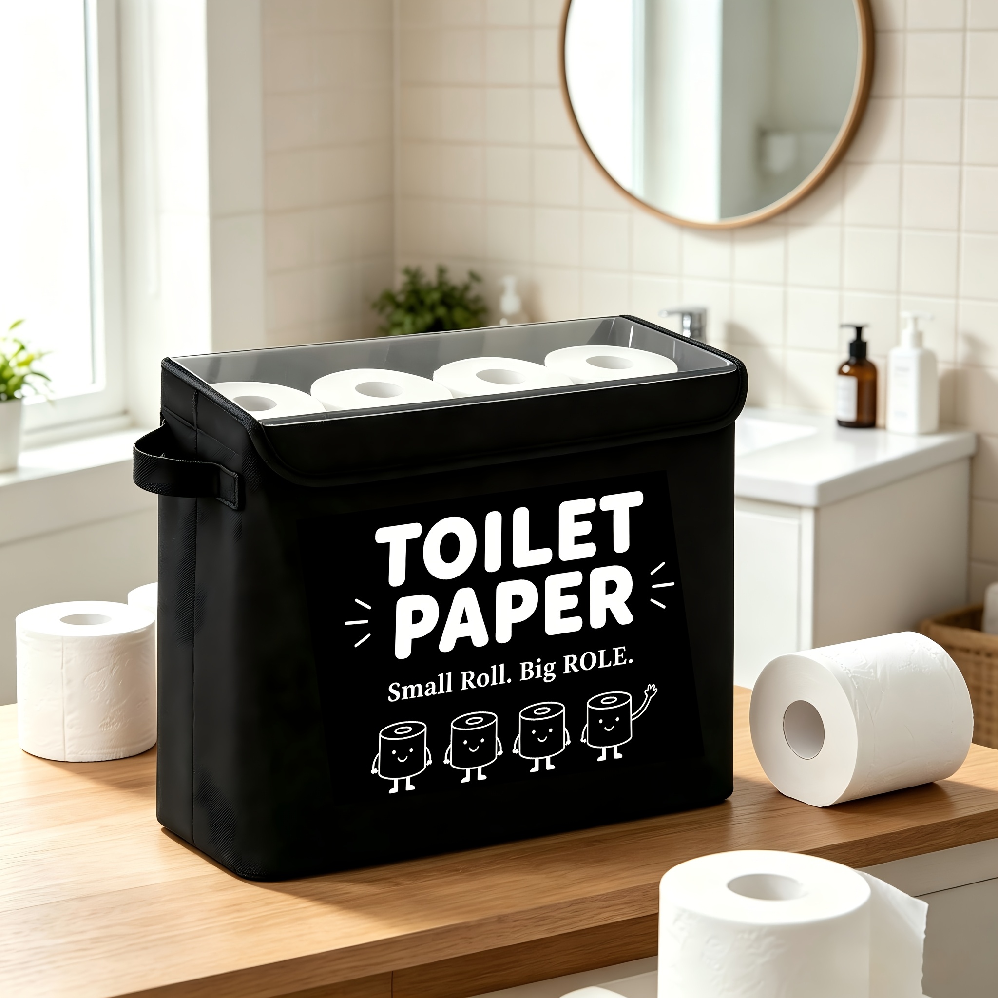 TEMU Bac de rangement pliable pour papier toilette avec poignée et couvercle transparent, organisateur de rouleaux de papier toilette pour salle de