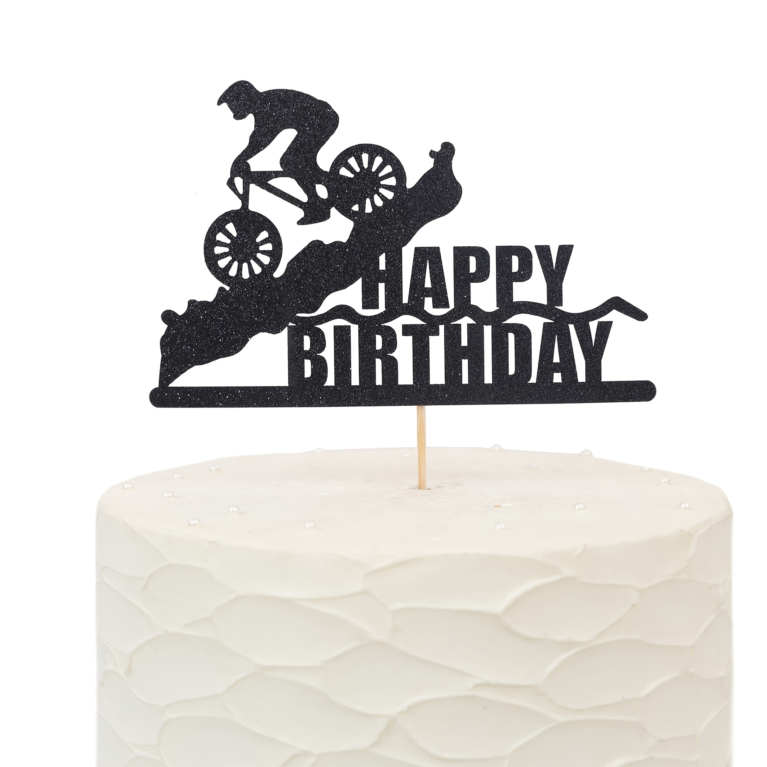 1pc Black Glitter Happy Birthday Cake Topper With Cyclist Silhouette Design Sparkle Decor For Biking Enthusiasts, Retirement, Graduation Parties