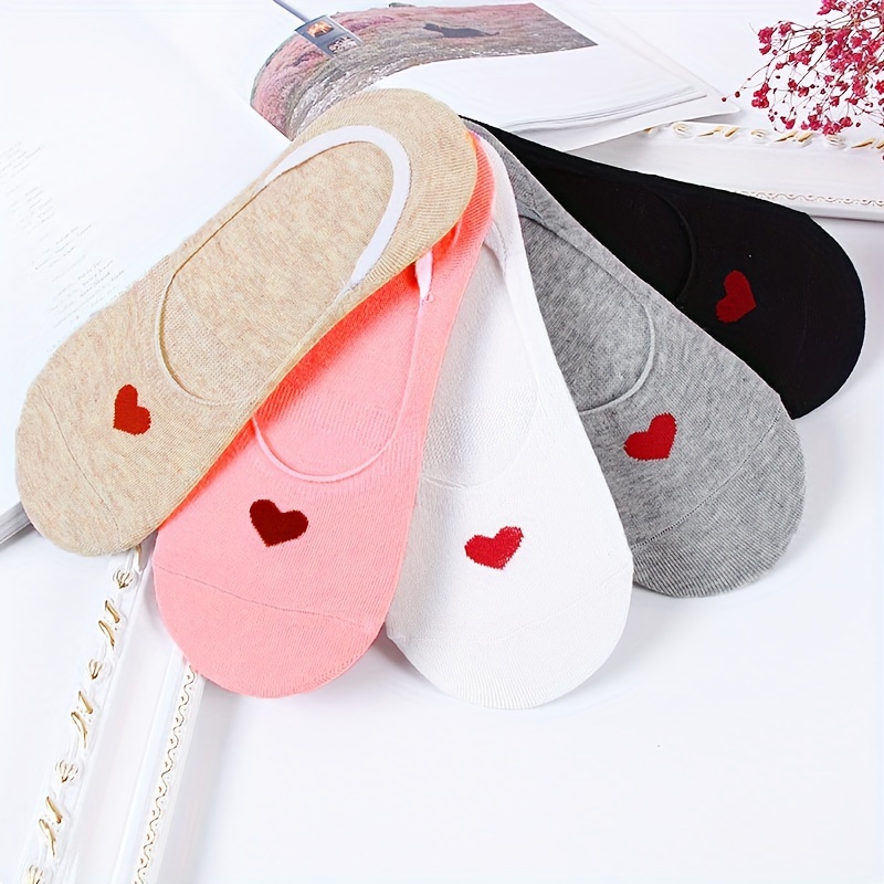 

5 Pairs Women's No Show Socks, Invisible Boat Socks With Anti-slip Silicone And Love Heart Design