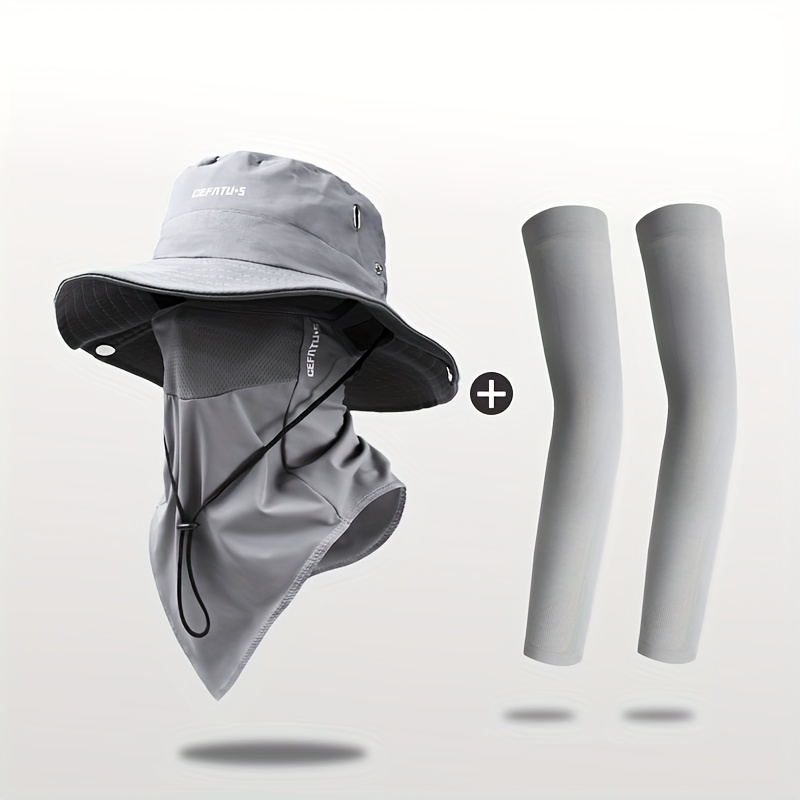 /3pcs Wide Brimmed Sun Hat, Men'S Outdoor Hat, Soft And Breathable, Sun Protection Three Piece Set, Sun Protection Face Mask, Sun Protection Ice Sleeve Cover, Suitable for Outdoor Travel And Outdoor Work, Without Battery