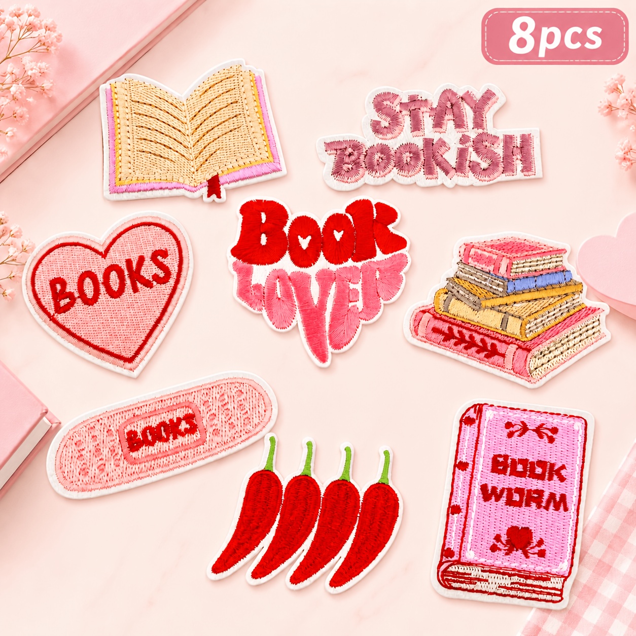 Image of 8pcs Book Lover Embroidered Patch Set - Iron-on/sew-on Appliques For Clothing, Shoes, Hats & Bags - Diy Craft Decorations