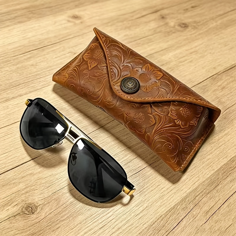 TEMU Top-grain Cowhide Eyeglass Pouch, Arabesque-patterned Handmade Genuine Leather Fashion Glasses Case, Fashionable Eyeglass Protective Sleeve,
