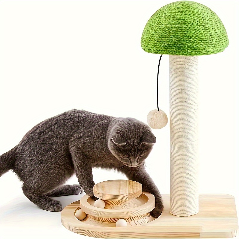 

Cat Scratching Post, Scratcher With Sisal Ropes, Interactive Track Ball Toy For Small Kittens, 2-in-1 Wood Scratch Toy With Dangling Plush Ball 20 Inches Green