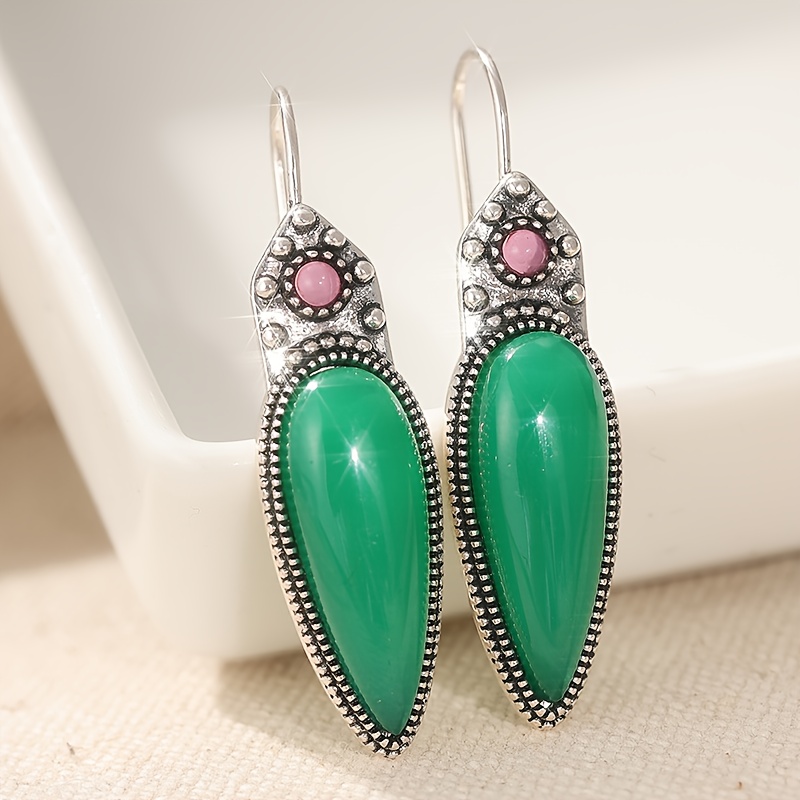 Image of Vintage Copper Material Inlaid With Green Glass Earrings, Women's Bohemian Style Pendant Earrings