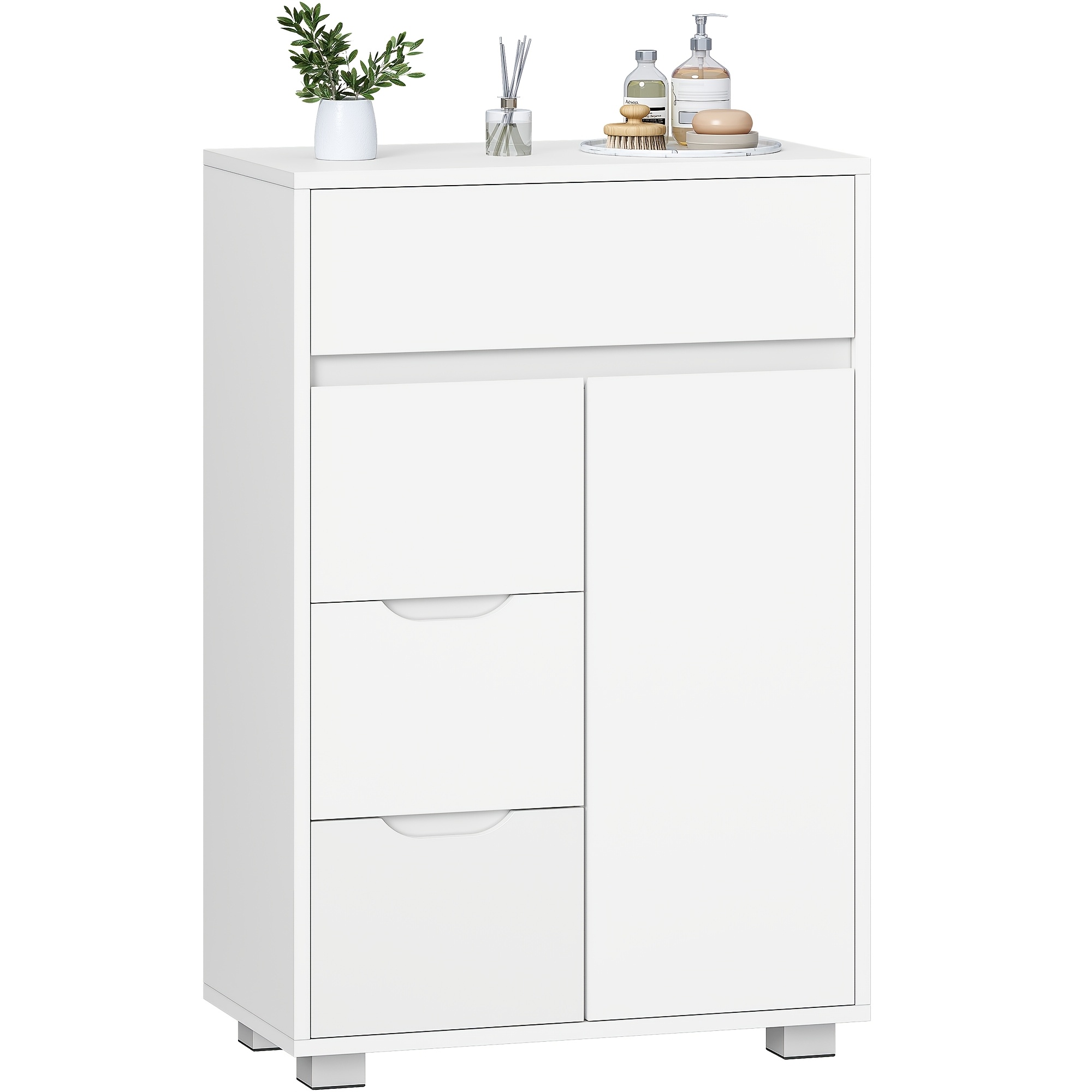 Bathroom Cabinet, Adjustable Shelf Bathroom Cupboard, 4-drawer Chest With 1 Cabinet Door, , For Living Room, Bathroom, 30 X 55 X 82 Cm White