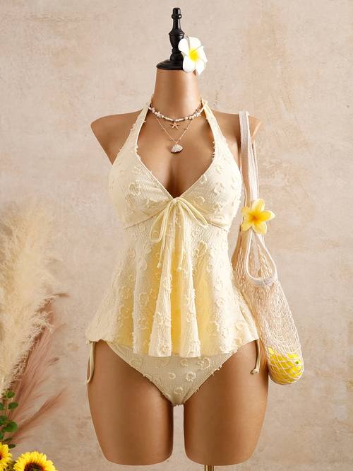 2pcs womens casual vacation polka dot textured fabric camisole bikini tankini elegant dress beachwear