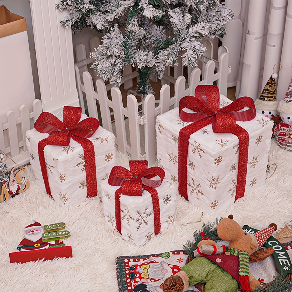 3pcs Plush Christmas Glowing Gift Box, Christmas Red Bow Gift Box, Christmas Party Gift Box with Golden Snowflakes, Suitable for Christmas Tree, Holiday Decoration, Home Decoration, Christmas Celebration Gifts, Collectible Buildings & Accessories, Best for Christmas, Christmas Light Gift Box, Christmas Decoration, Christmas Stuff Cheap, Christmas Village, Christmas Home Decoration