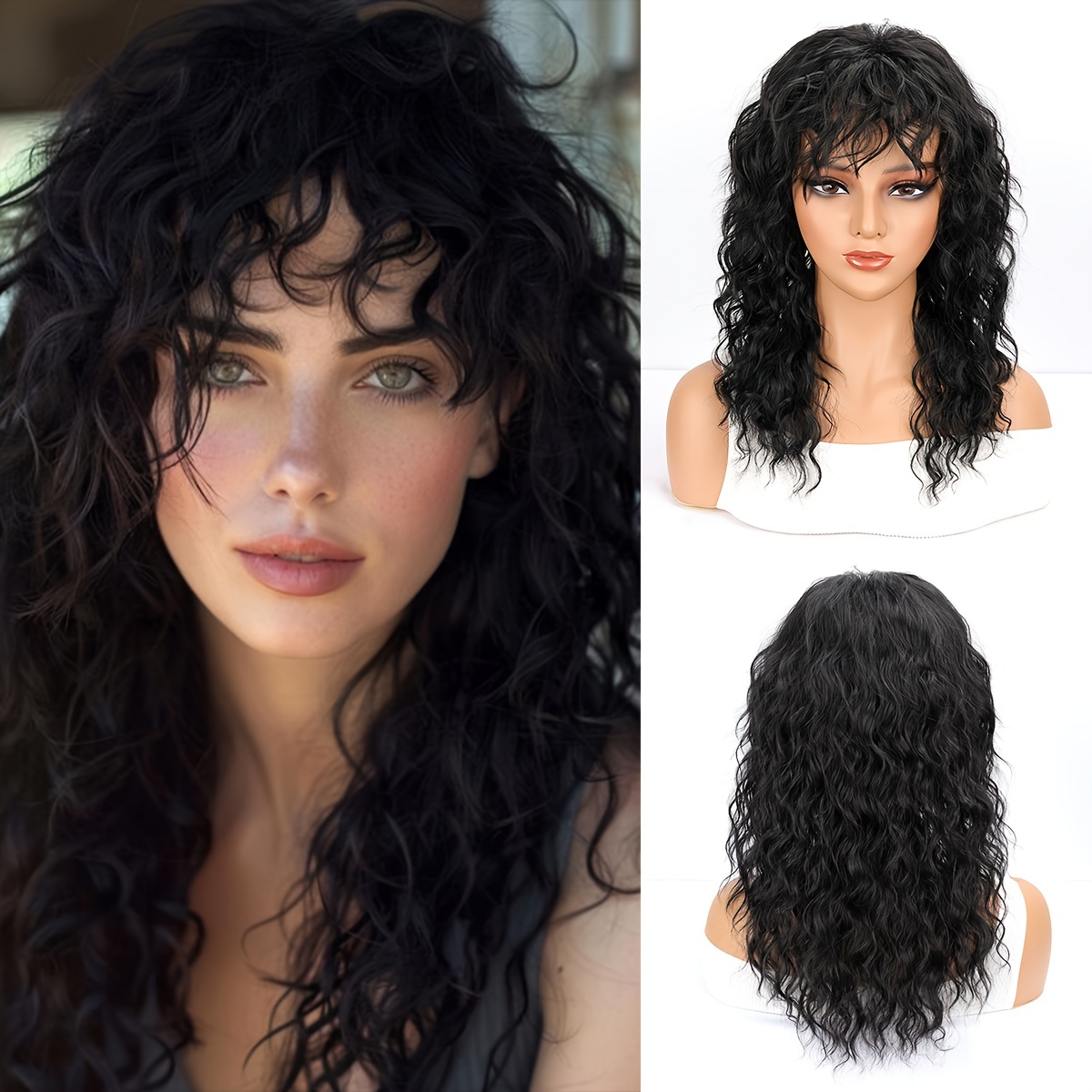 

Chic 18-inch Black Curly Wig With Bangs For Women - Heat Resistant Synthetic Hair, & Halloween Parties, Long