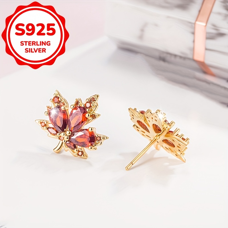 2pcs Women's S925 Pure Silver Caramel Maple Leaf Stud Earrings