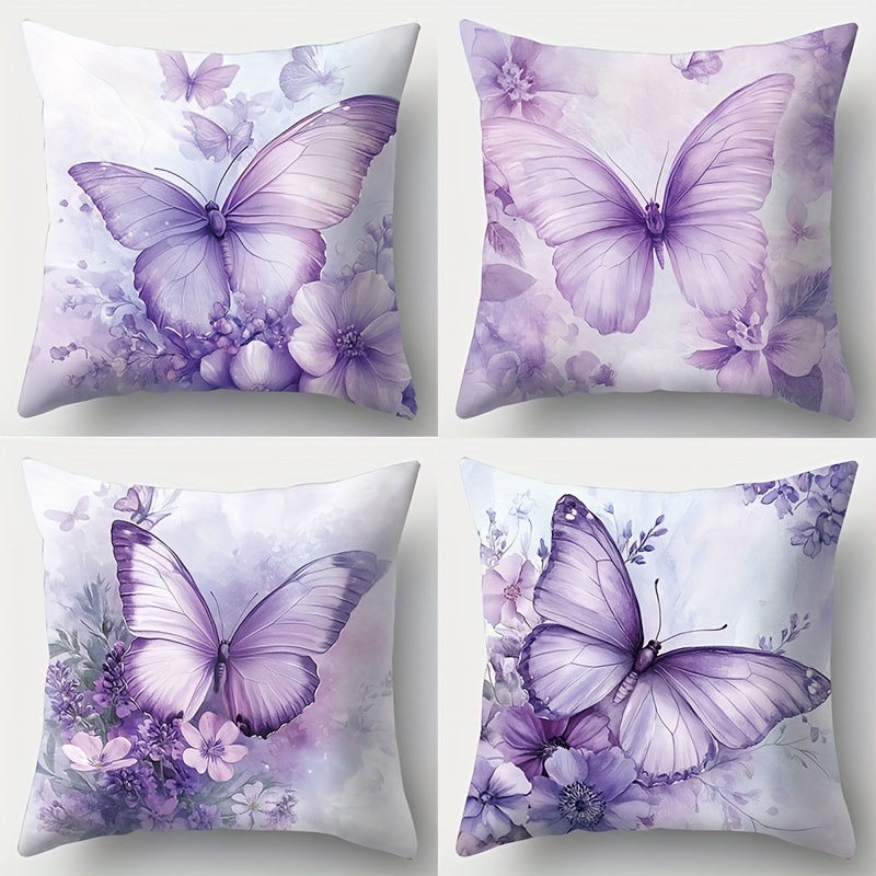 

4-pack Contemporary Purple Butterfly Throw Pillow Covers, 100% Polyester Decorative Cushion Cases With Zipper Closure For Living Room, Hand Wash Only, Printed Design