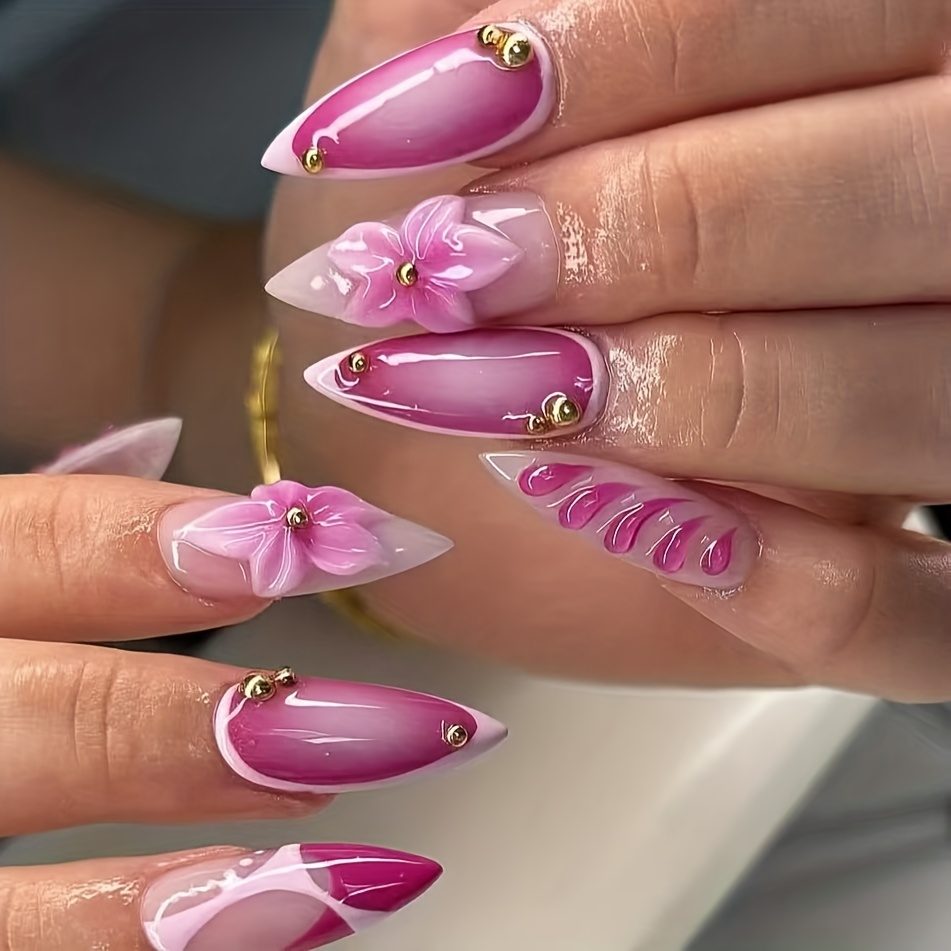 TEMU 10pcs Set Of Handmade Press-on Nails, Rose Pink 3d Carved Press-on Nails, Ultra-thin Stiletto Press-on Nails, Durable And Thick Nail Tips,