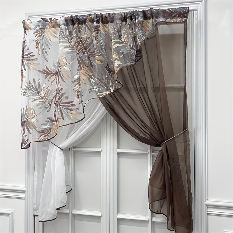 Image of 1pc Grey Leaves Semi Sheer Curtain Top Rod Pocket Loop Suspension Kitchen Light Filtering Tulle Short Curtain Door Window Living Room Partition Drapes