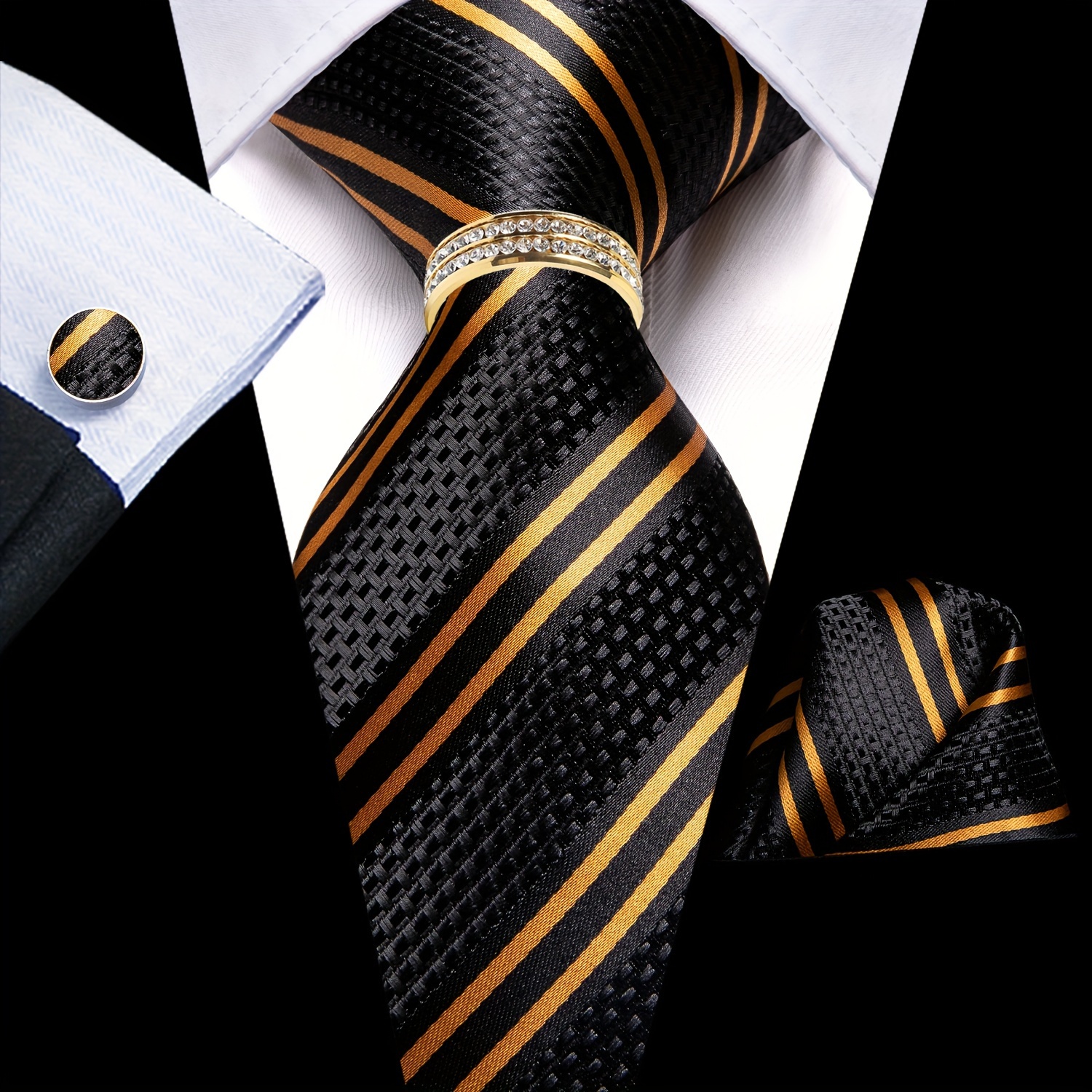 

Lineziseid 1set Mens Black Striped Hankerchief Cufflinks Ring Set Wedding Fashion