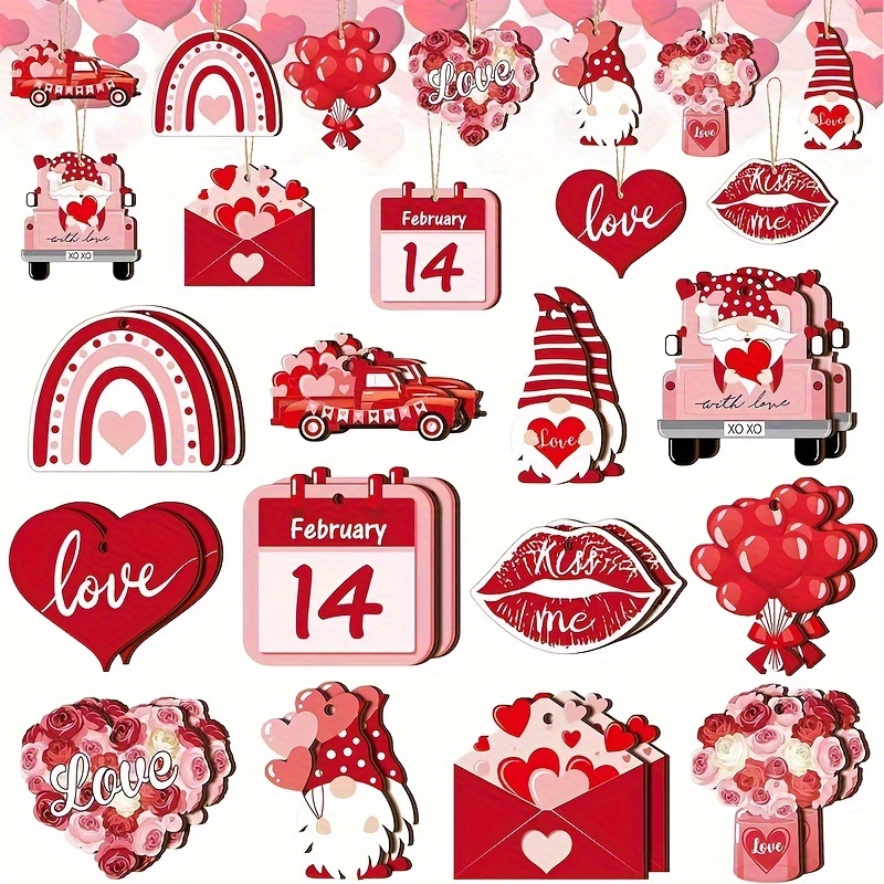 

24pcs Valentine's Day Wooden Decoration Set With Hanging Ropes - Style Heart And Love-themed Ornaments For Home, Kitchen, And Decor, Valentines Decorations