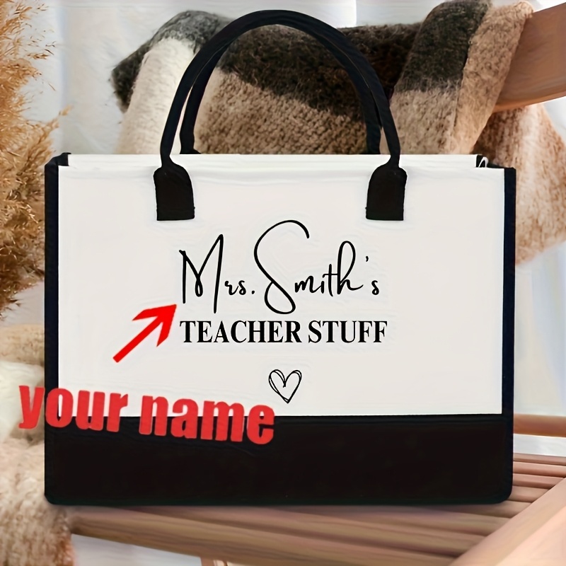 TEMU 1pc Personalized Teacher-themed Large Beach Tote Bag For Women - Custom Name & Teacher Stuff Design, Black With White Lettering, Durable