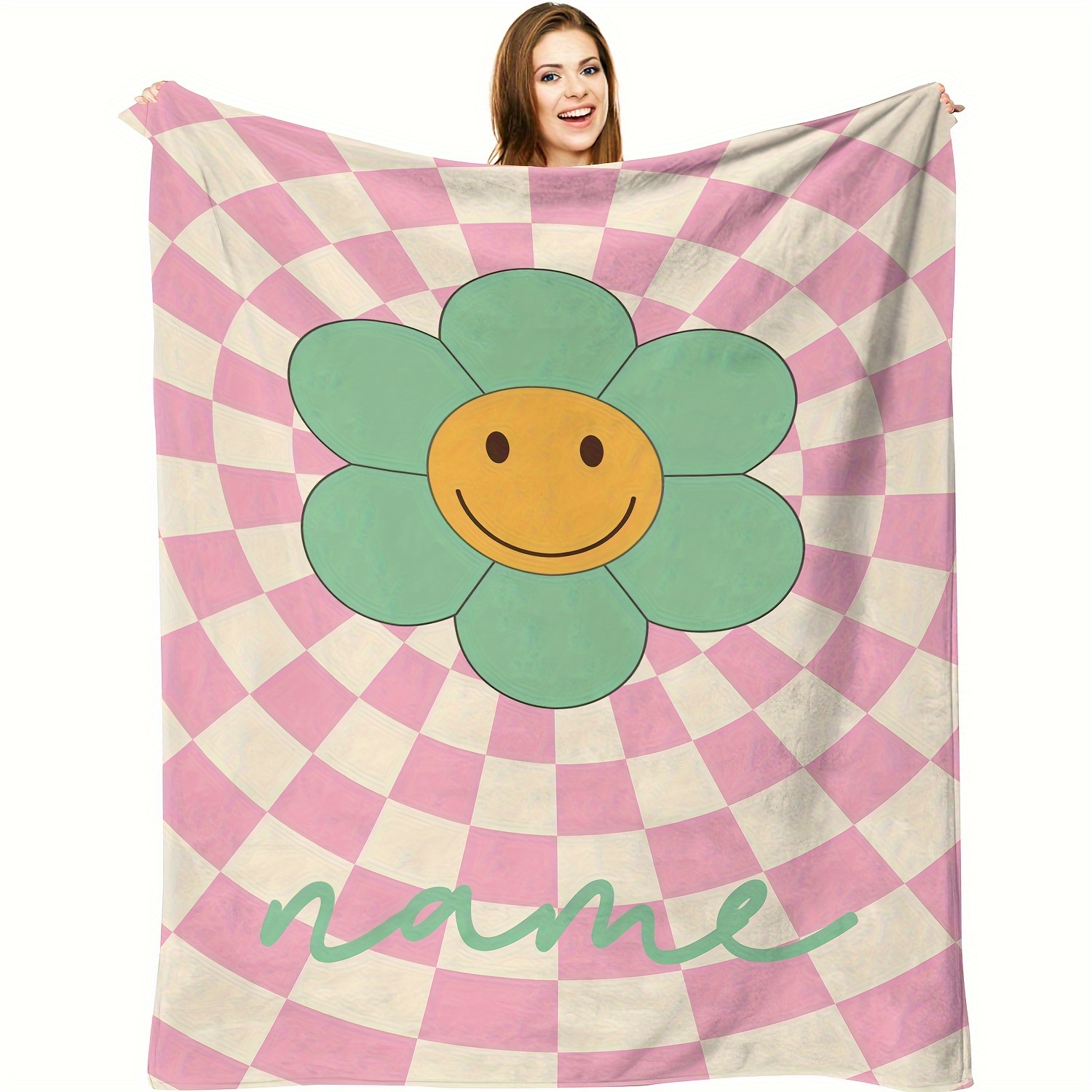 

1pc Custom Name Blanket Summer Colorful Flower Blanket Soft Flannel Blanket Checkerboard Pattern Custom Blanket