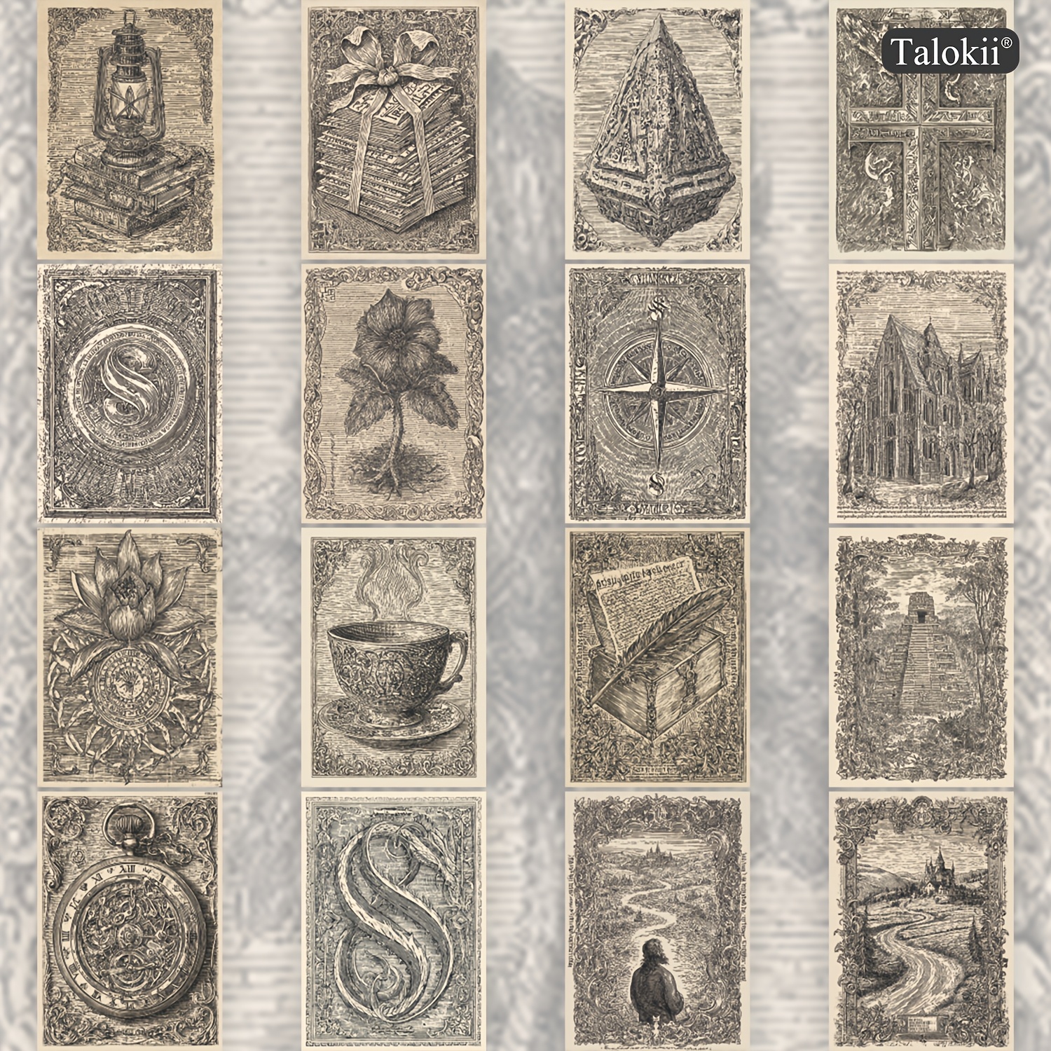 TEMU 16-pack Vintage Sketch And Monochrome Illustration Postcards, 10 X (. 4 X 6 Inch), Detailed Black And White Art Cards For Journaling,