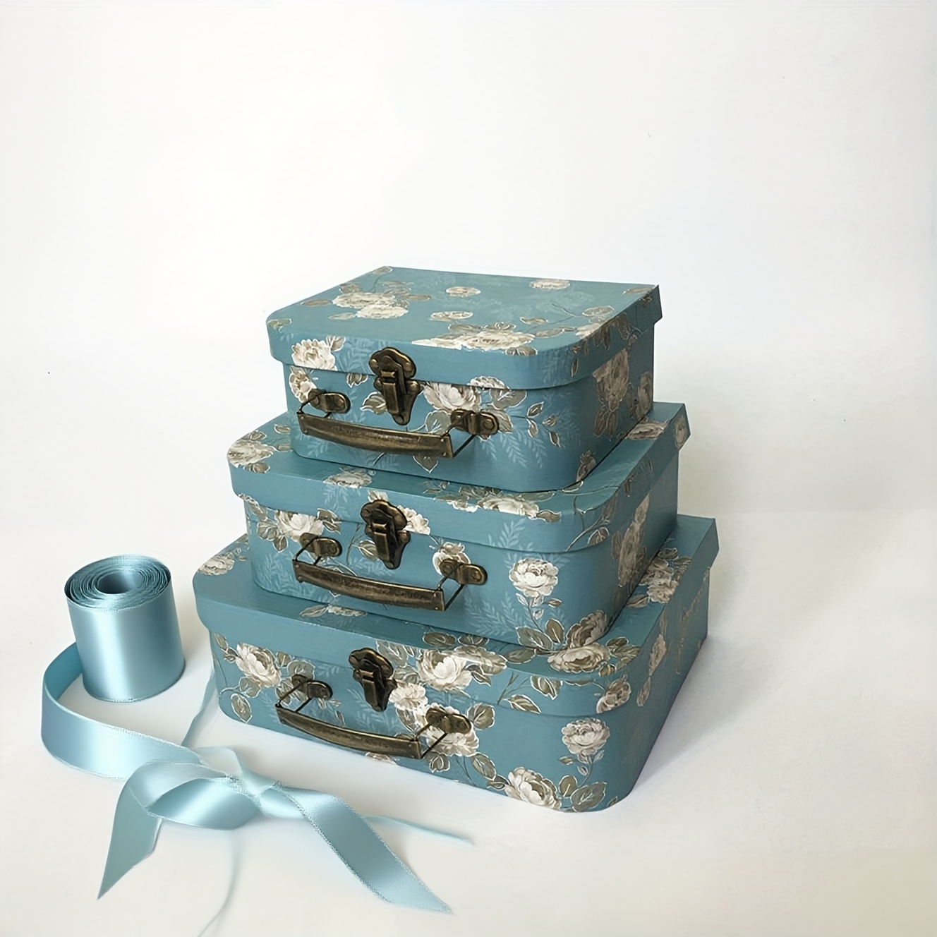 TEMU 3pcs Vintage Floral Cardboard Handle Box Set - With Lids And Ribbons, Storage Gift Boxes, Collectibles Decor Organizer, Photo Storage - Perfect
