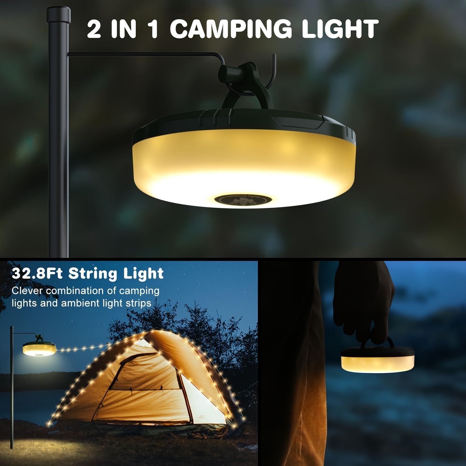 1 Pack Camping String Light 2 In 1 Usb Rechargeable Outdoor String Lights  32 8ft Portable Camping Light Adjustable Brightness And 5 Modes Sturdy  Halloween Fairy Lights Christmas Decoration - Sports & Outdoors - Temu