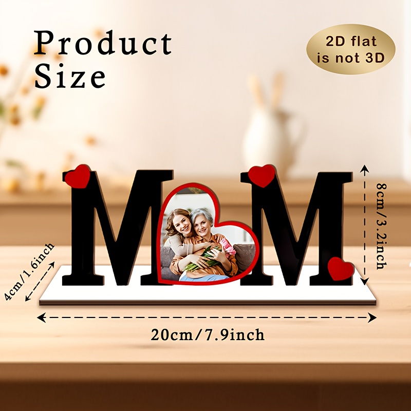 TEMU 2D Plat - Aangepaste Foto's 1 stuks Modern "Mom" Hart Tafeldecoratie Rode Kunstmatige Moederdag Herinnering, Houten Romantisch Cadeau voor
