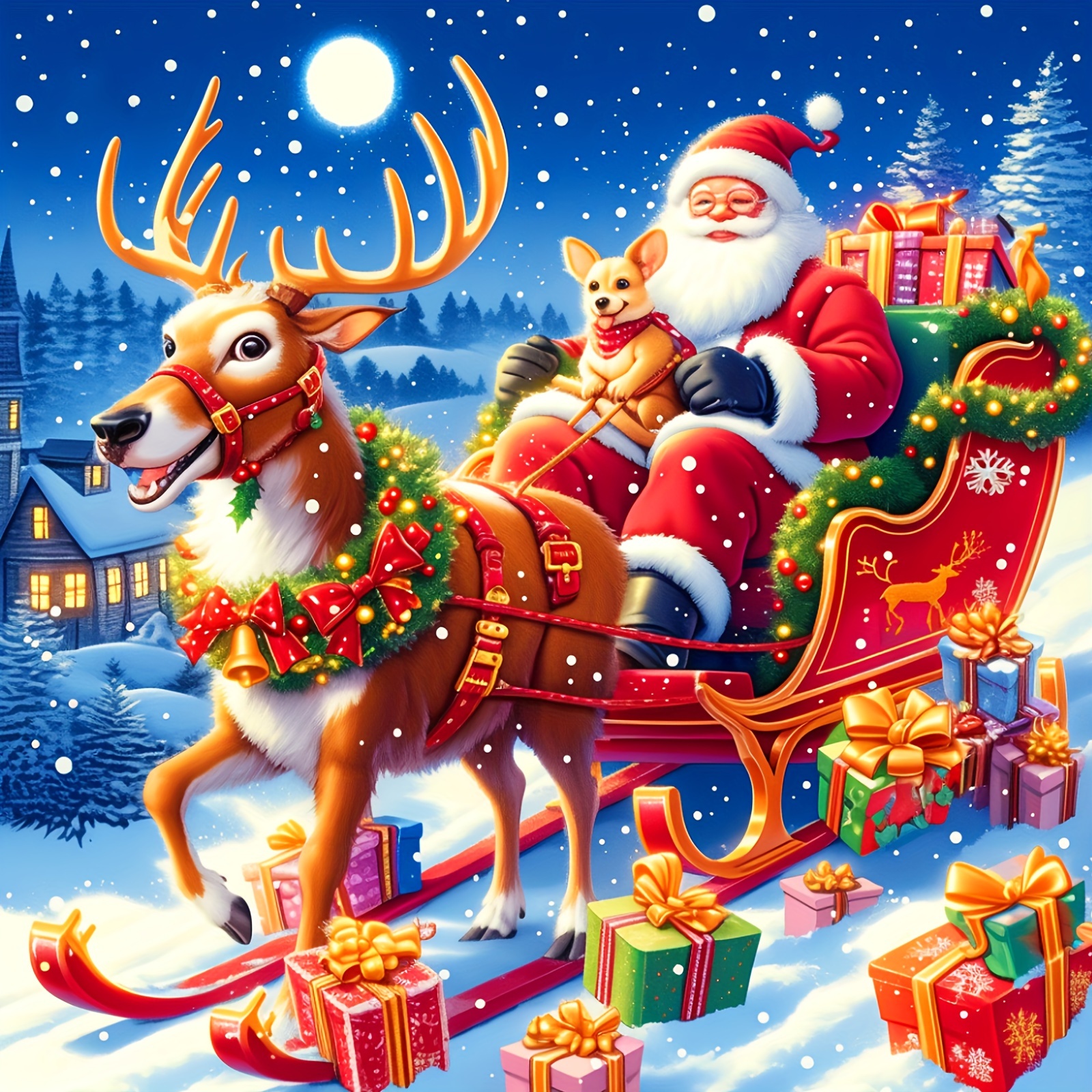 Image of 1 Set Printed Cross Stitch Kit, Santa Claus Gift Printed Cross Stitch Needle Embroidery Kit Beginner 11ct Medium Grid 3 Strands Of Thread Living Room Wall Home Decor Christmas Decoration