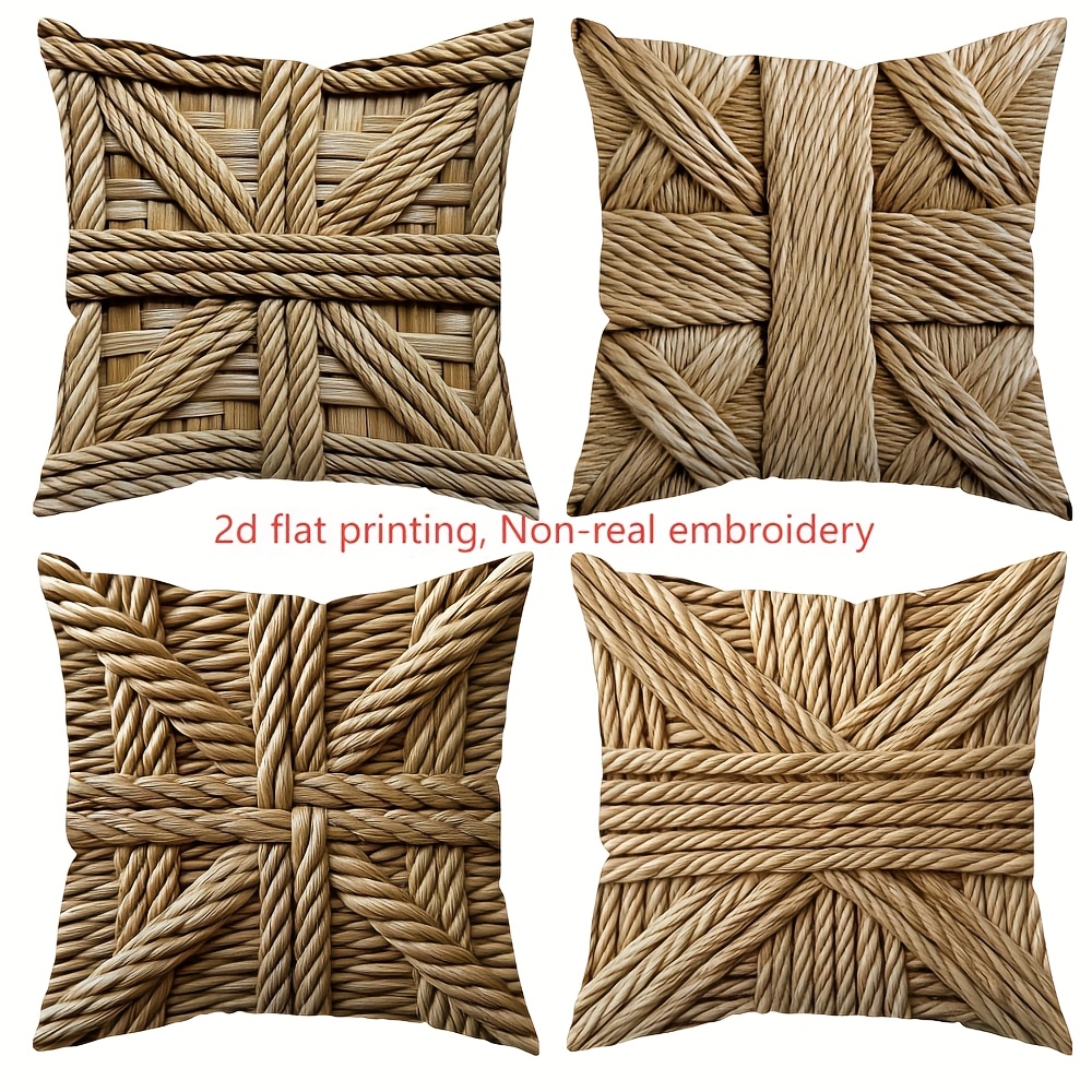 TEMU 2D - 4 piezas, Impresión 2D, Bordado No Auténtico, Diseñado con de Cuerda de Fibra Natural, Mide 17.72 Pulgadas por 17.72 Pulgadas, Ideal para