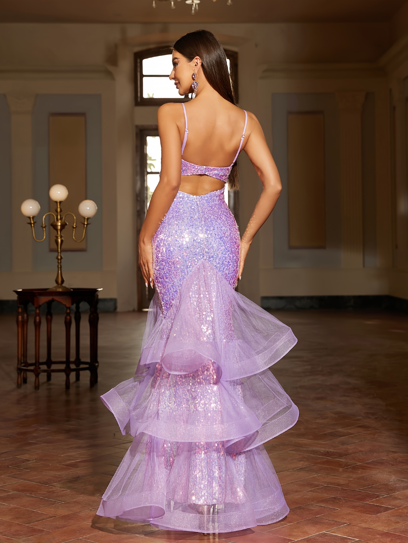spaghetti strap backless sequin mesh dress a fitted - Temu