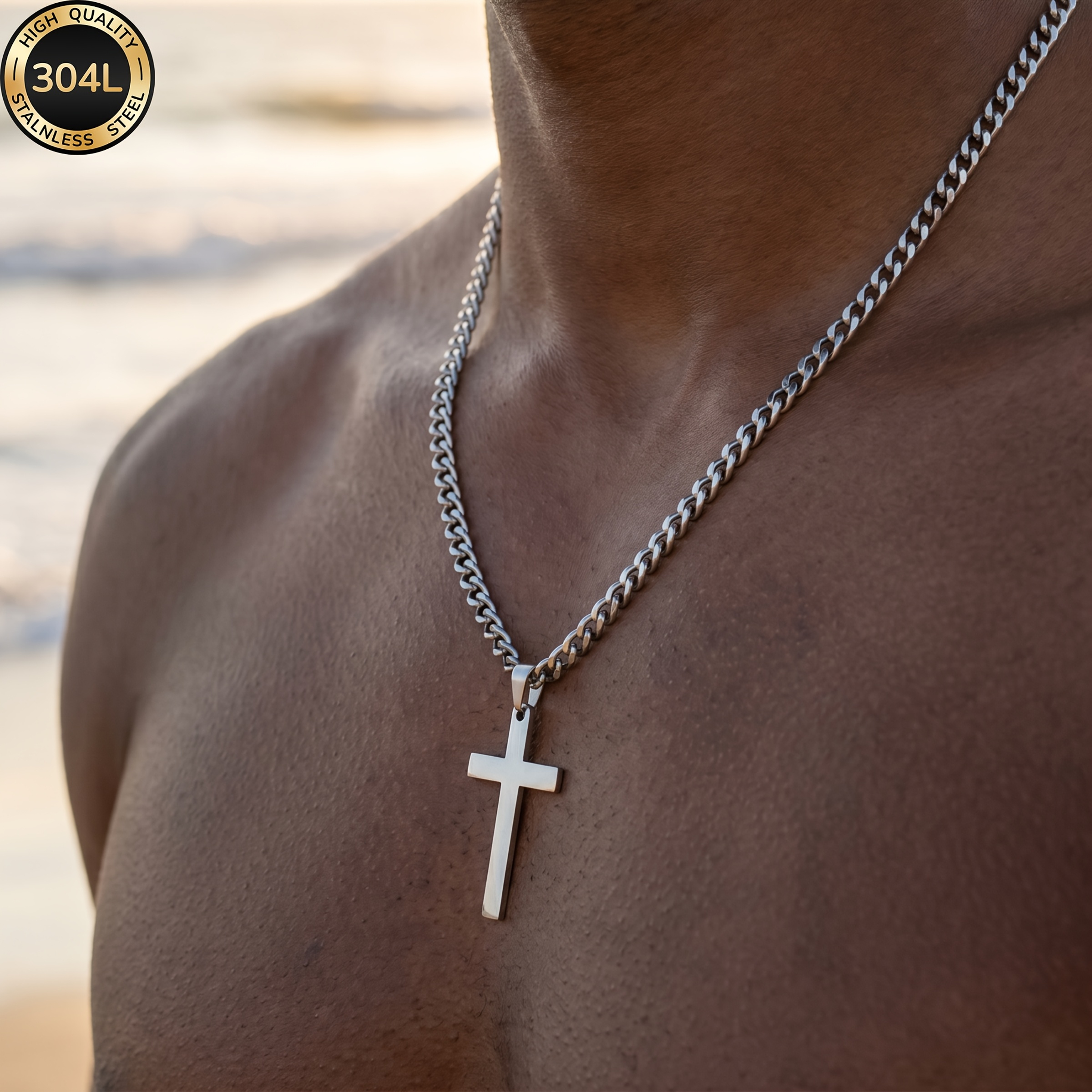 Image of 1pc 304l Stainless Steel Cuban Cross Necklace, Men's Necklace, Suitable For Men To Wear, Perfect For Daily Casual Gatherings And Ideal As A Festive Gift
