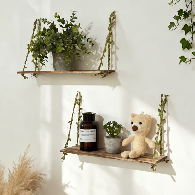 TEMU 2pcs Set Of Wooden Hanging Ropes Plant Shelves, Wall-mounted Storage Rack, Living Room Bedroom Background Wall Decoration, Nail-free Floating