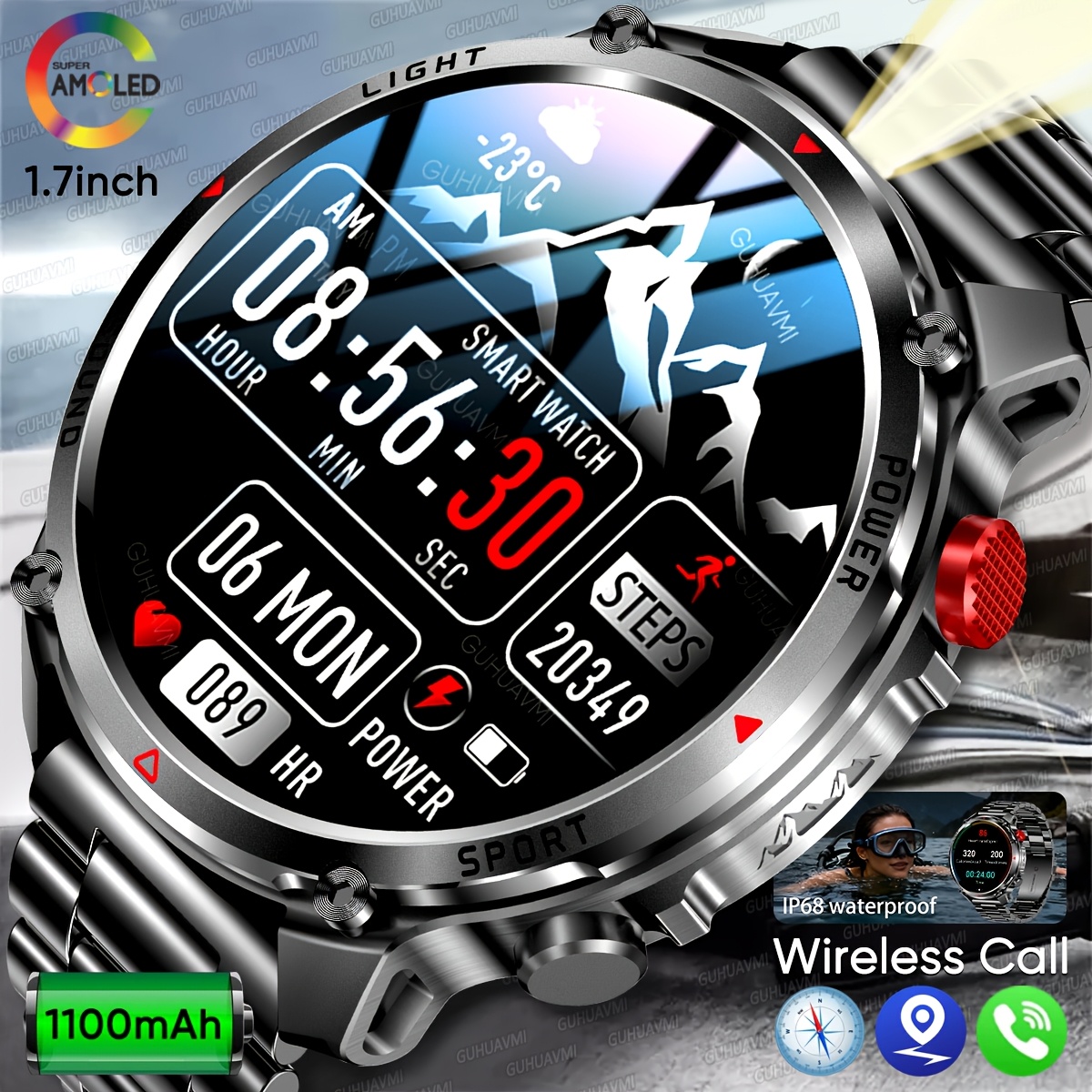 GUHUAVMI 2026 New 1100Mah Ultra-Large Battery Capacity Men'S Outdoor Sports Smartwatch, 1.7-Inch 360*360 HD Full Touch Screen, with Wireless Calling, Voice Assistant, Reminder Function, Strong Light LED Flashlight, Watch, Clock