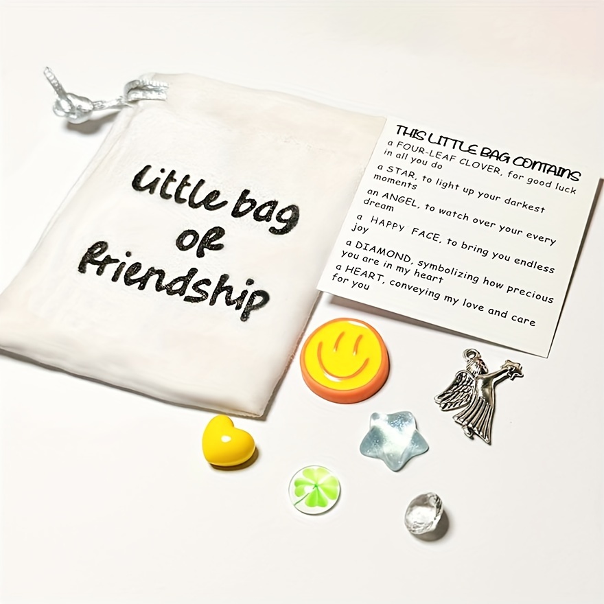 Image of Gift For Her/him 8pcs Friendship Keepsake Gift Set: Small Bag With Resin Charms, Card For Bestie, Long Distance Gifts For Women