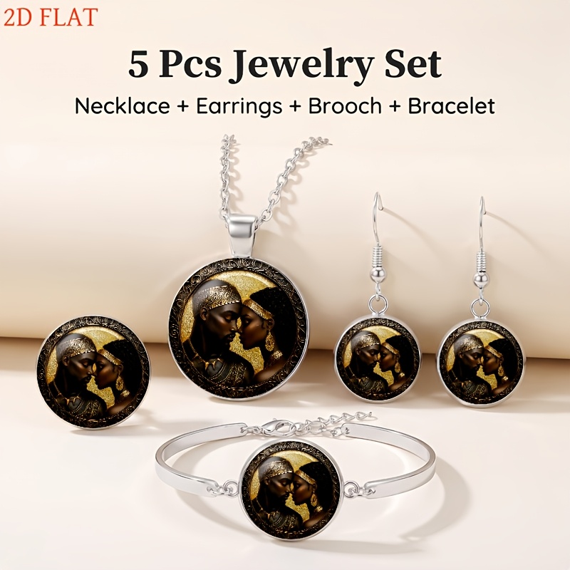 5pc African-Themed Couple Portrait Jewelry Set, Light Luxury Gift