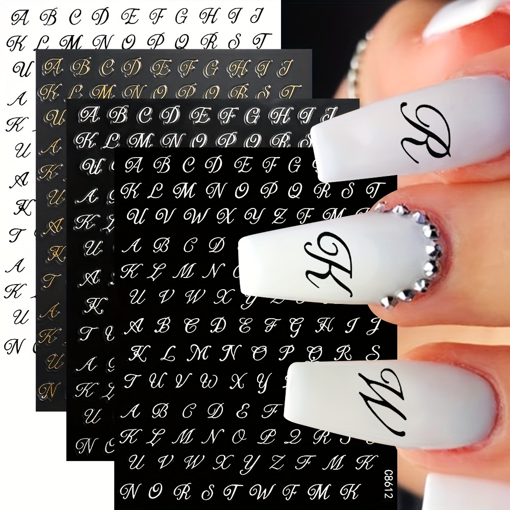 

4pcs/set Roman Letter Nail Art Stickers Gothic Golden Silvery Black White Old Alphabet Nail Art Decals Self Adhesive English Words Sliders Diy Manicure Decorations