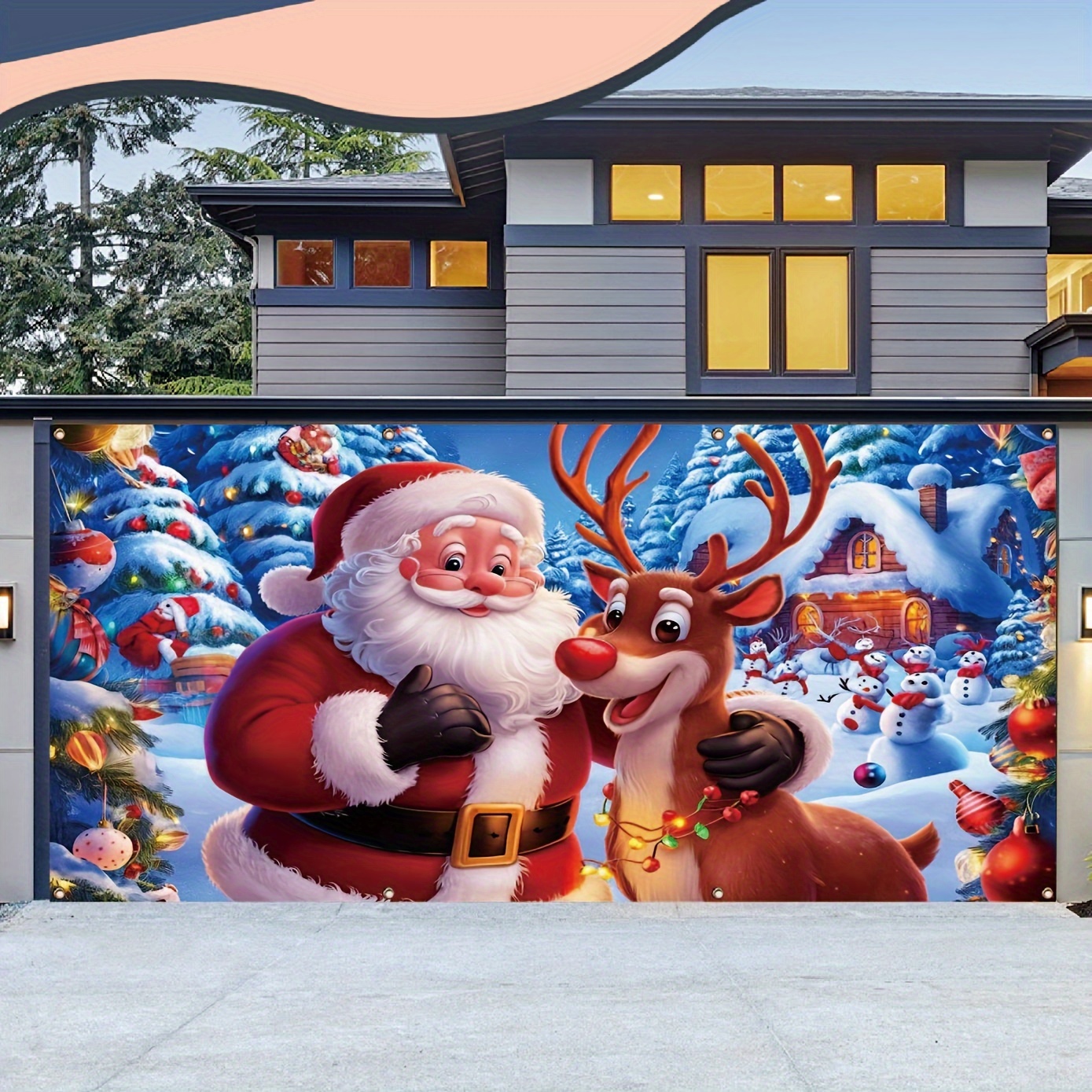 

Oversized Santa & Reindeer Christmas Garage Banner - 157x71" Polyester Outdoor Holiday Decor, No Power Needed