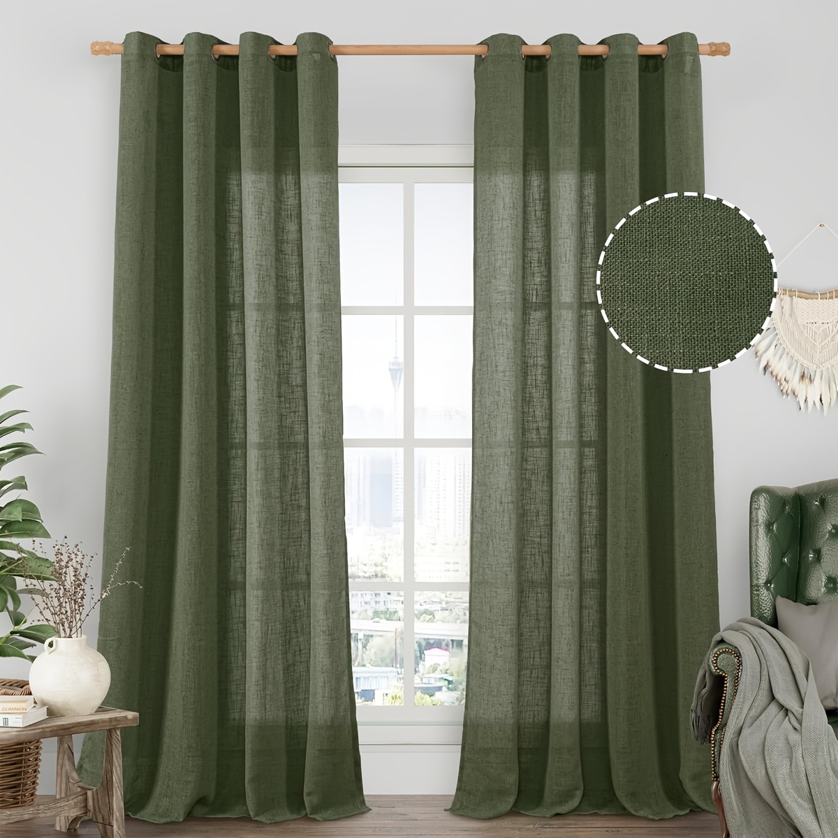 TEMU 2pcs Olive Cross Hemp Curtains Semi- Window Drapes With Crosshatch - Blinds Suitable For Bedrooms, Dining Rooms, Farmhouse Decor, Machine