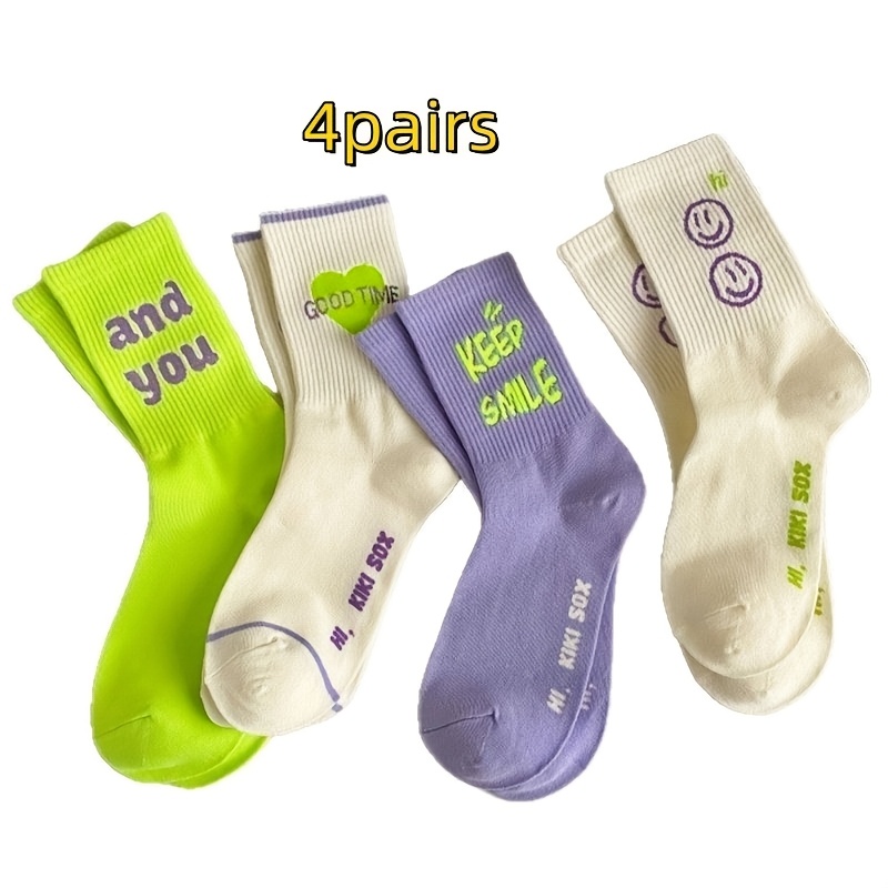 E-shop 4 Paar Damen Frühling/Herbst Mode Vielseitige Buchstaben-Print Sport-Socken bis zur Wade