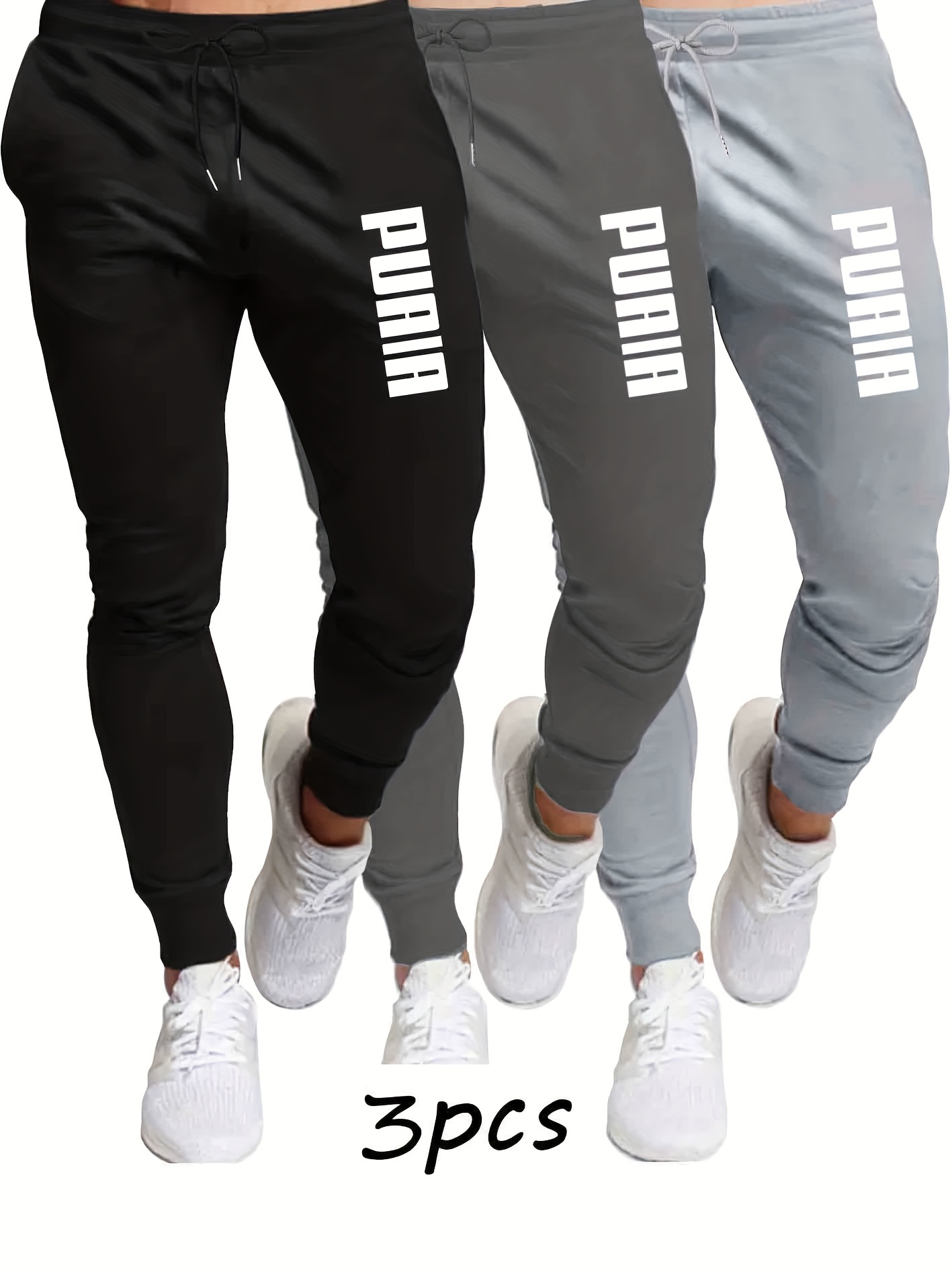 3pcs Men'S Casual Joggers with Elastic Waistband & Drawstring - Loose Fit, Mid-Rise, Solid Color, All-Season Comfort, Perfect for Running, Cycling, Travel, Outdoor Activities, Jogging Pants