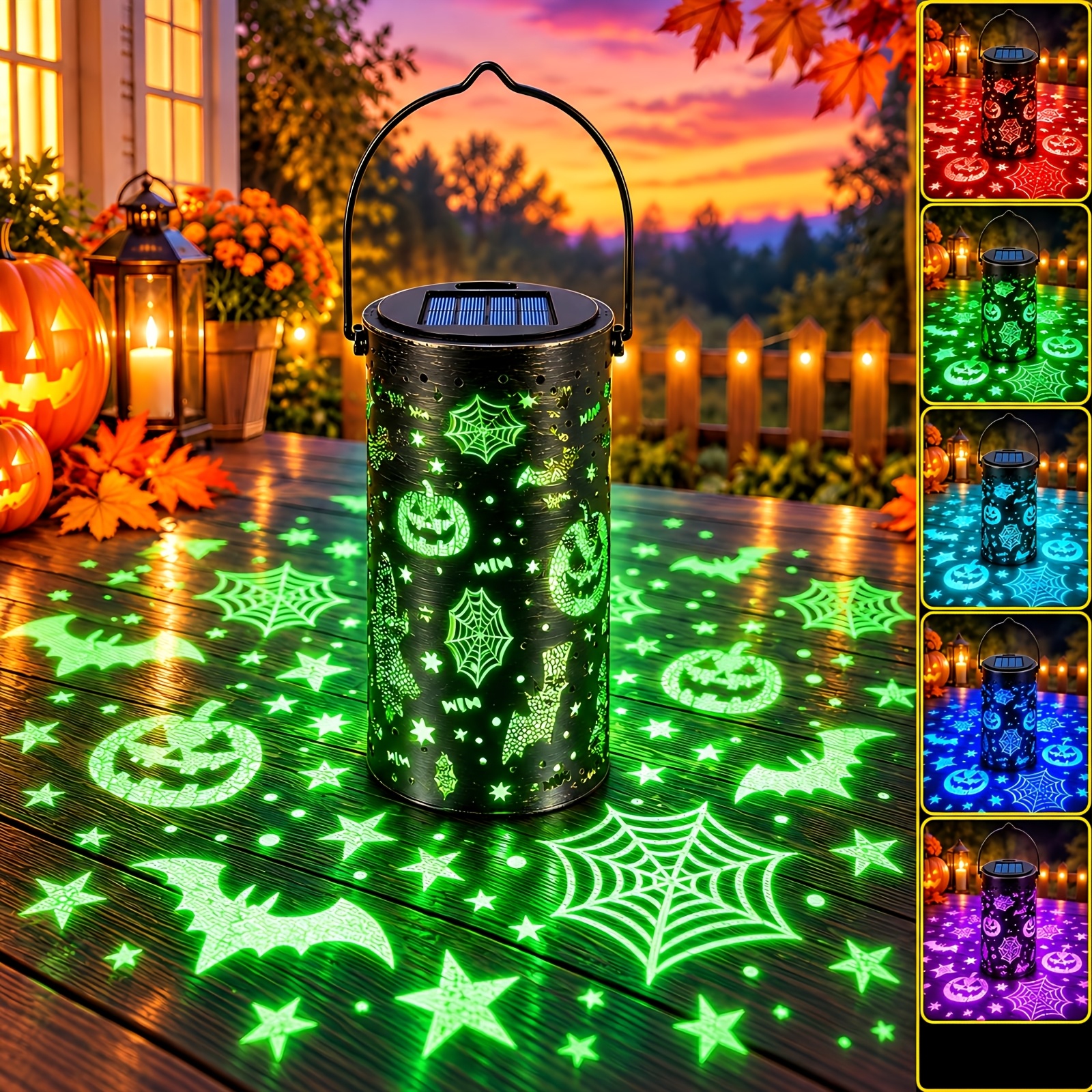 TEMU Solar Halloween Night Light Outdoor, Color Changing Pumpkin Night Light With Bat Web Projection, Waterproof Hanging Lantern Night Light For