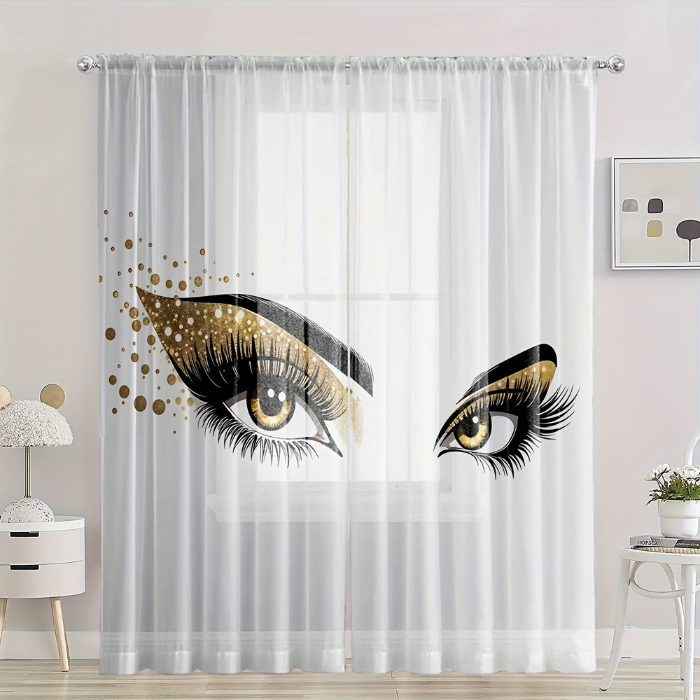 

2pcs Eyelash Printed Semi-sheer Curtains, Rod Pocket Decorative Window Drapes, Window Treatments For Bedroom Living Room, Home Decoration, Room Decoration