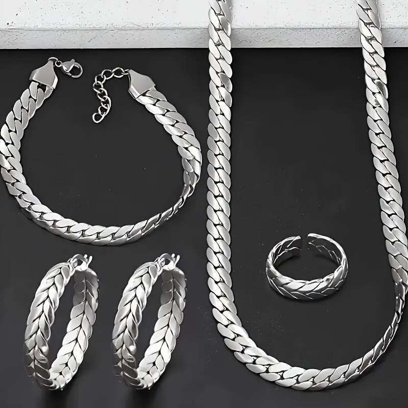 

925 Sterling Silver Snake Cuban Chain 4 Piece Set (ring, Necklace, Earrings, Bracelet) Dedicated To Her , Anniversary Gift For Mother's Day Gift, Complimentary Gift Box