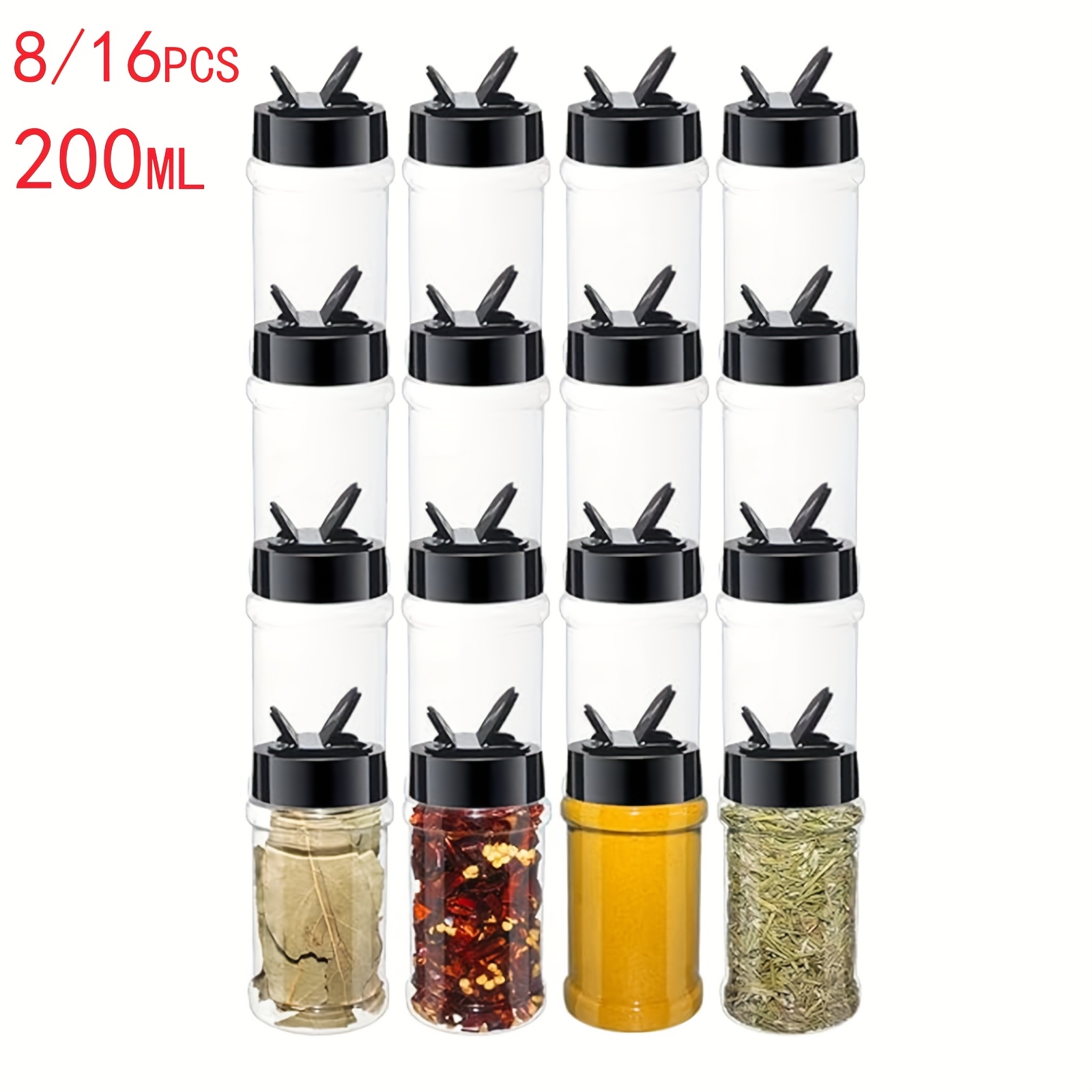 8/16 Stück 7oz (ca. 200 g) runde Gewürzgläser aus Kunststoff, Gewürzflaschen zur Lebensmittelaufbewahrung mit schwarzen Gewürzdeckeln, wiederverwendbare durchsichtige leere Gewürzgläser,