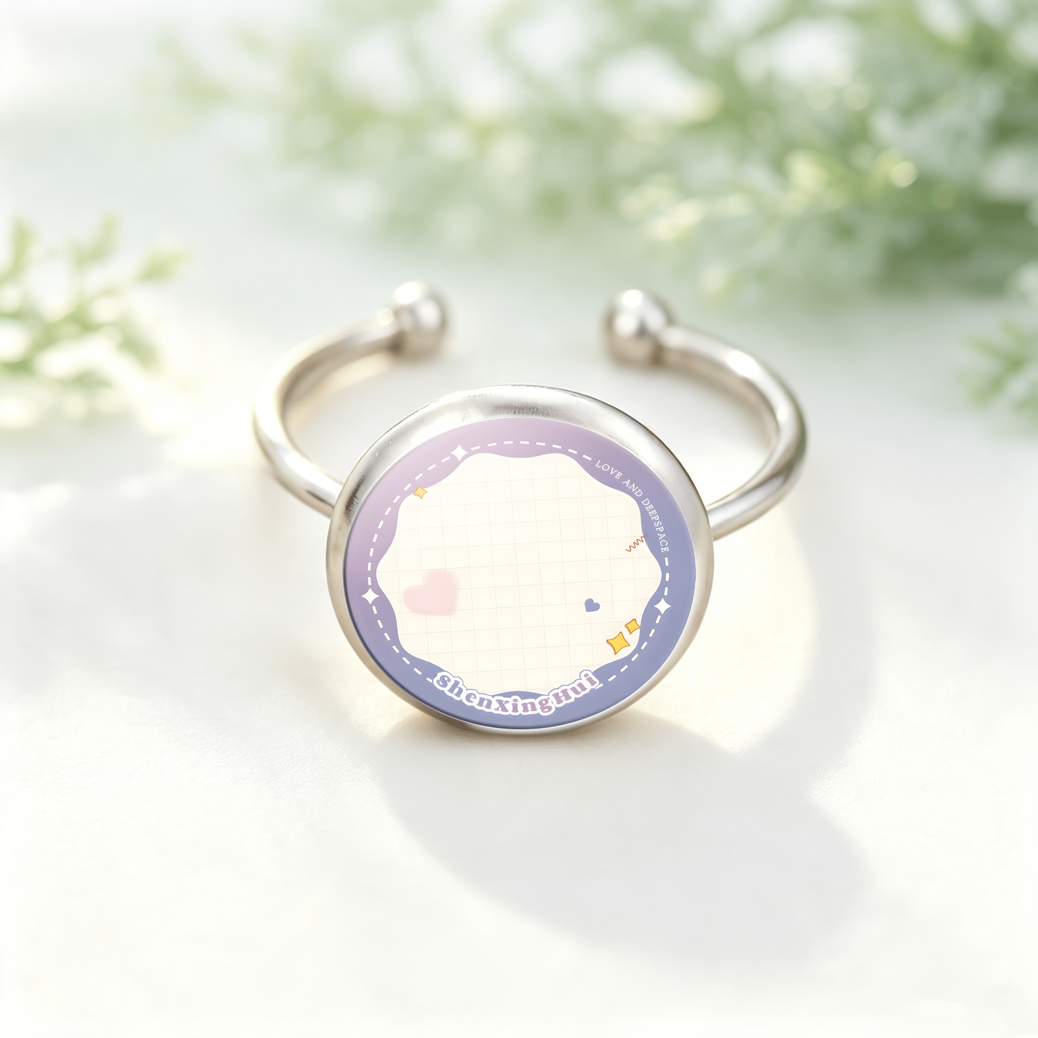 Colored Glass Inlaid Open Ring with Grid Pattern, Heart & Star Design