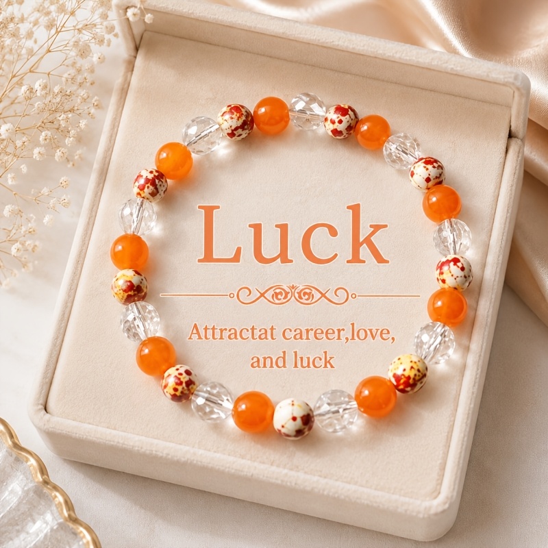 TEMU 1pc Handmade Warm Orange Orange Agate With Ice Crack And Flower , Red And White Flower Chalcedony Elastic Bead Bracelet, Sunshine Gentle