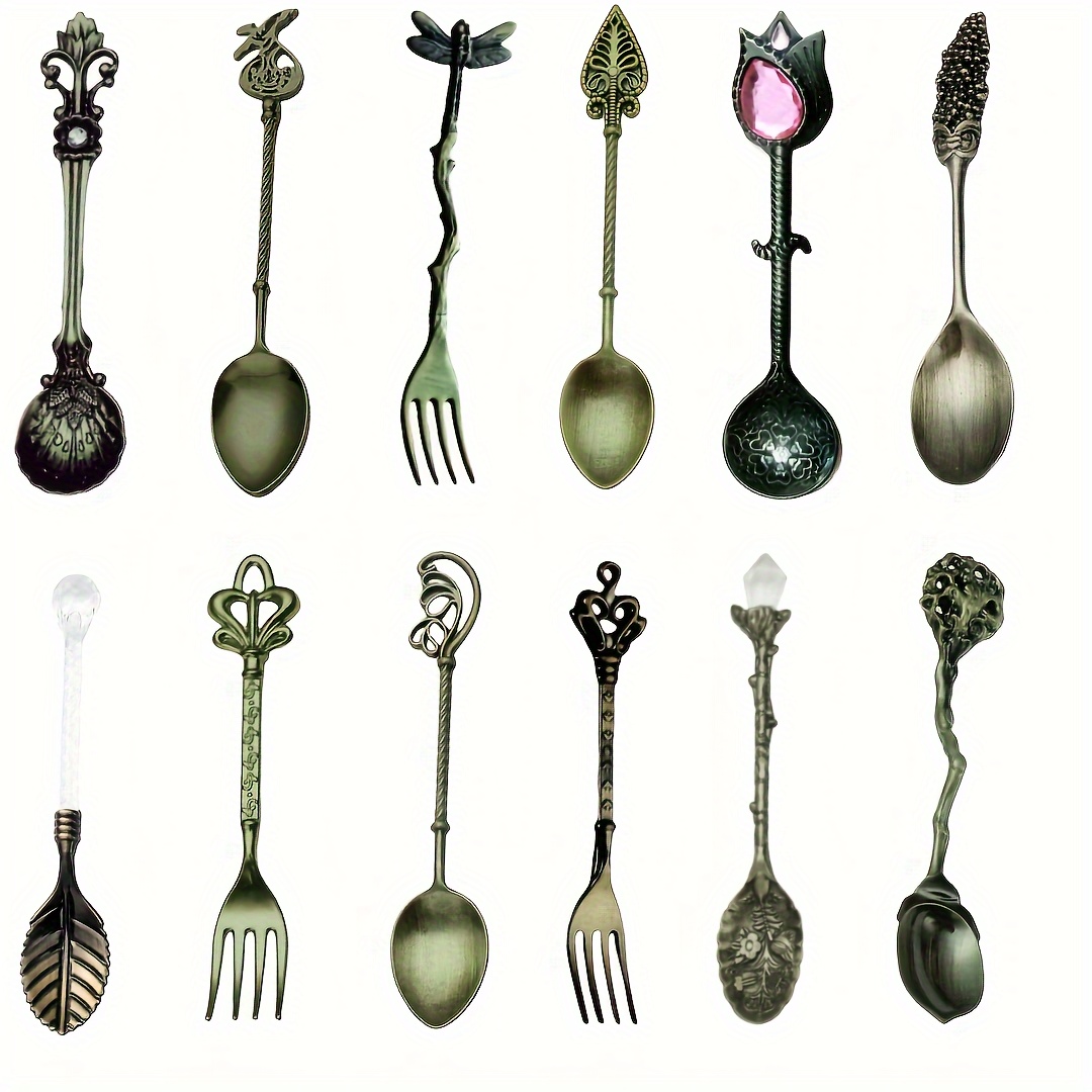 Image of 12pcs Set Of Retro Metal Forks And Spoons For Restaurants, Ice Cream Scoops, Coffee Shops, Jam Spreads, Pastries, And Hotels