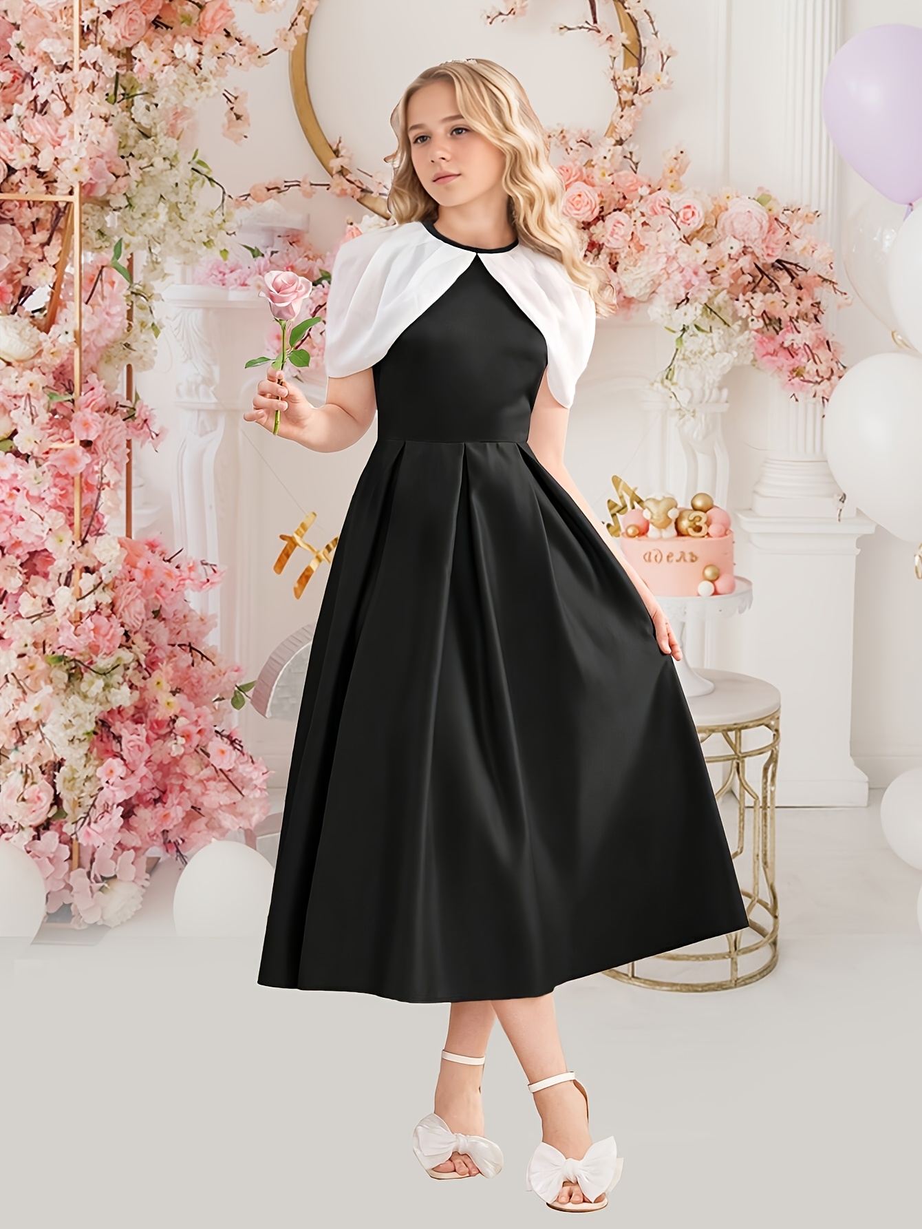 s elegant black formal dress flared skirt non stretchy Temu
